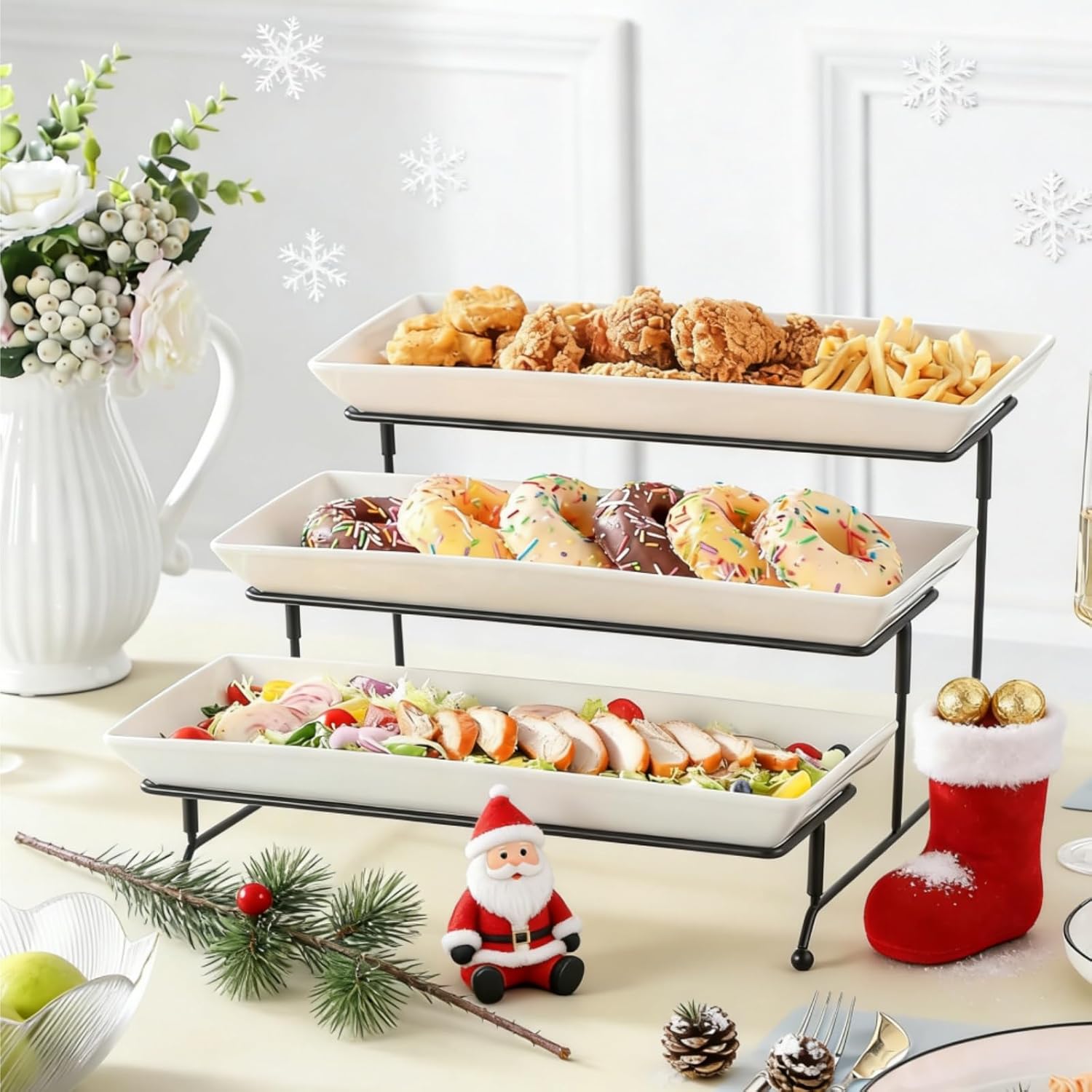 MALACASA 3 Tier Serving Platter, 14 Inch Porcelain Cake Stand with Black Mental Display Stand for Party Supplies, Ceramics Rectangular Serving Dishes for Dessert, Fruit, Cookies, Sushi, White - Image 9