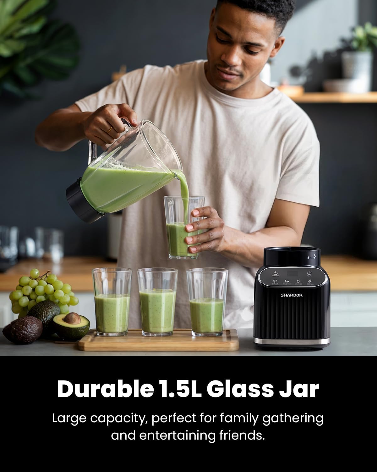 SHARDOR Blender for Kitchen, Max1400W Professional Smoothie Blender with 1.5L Glass Jar & 700ml To-Go Cup Combo,5 Intelligent Program, Ice Crush & Frozen Fruit, Smoothies, Milkshakes,Black - Image 5