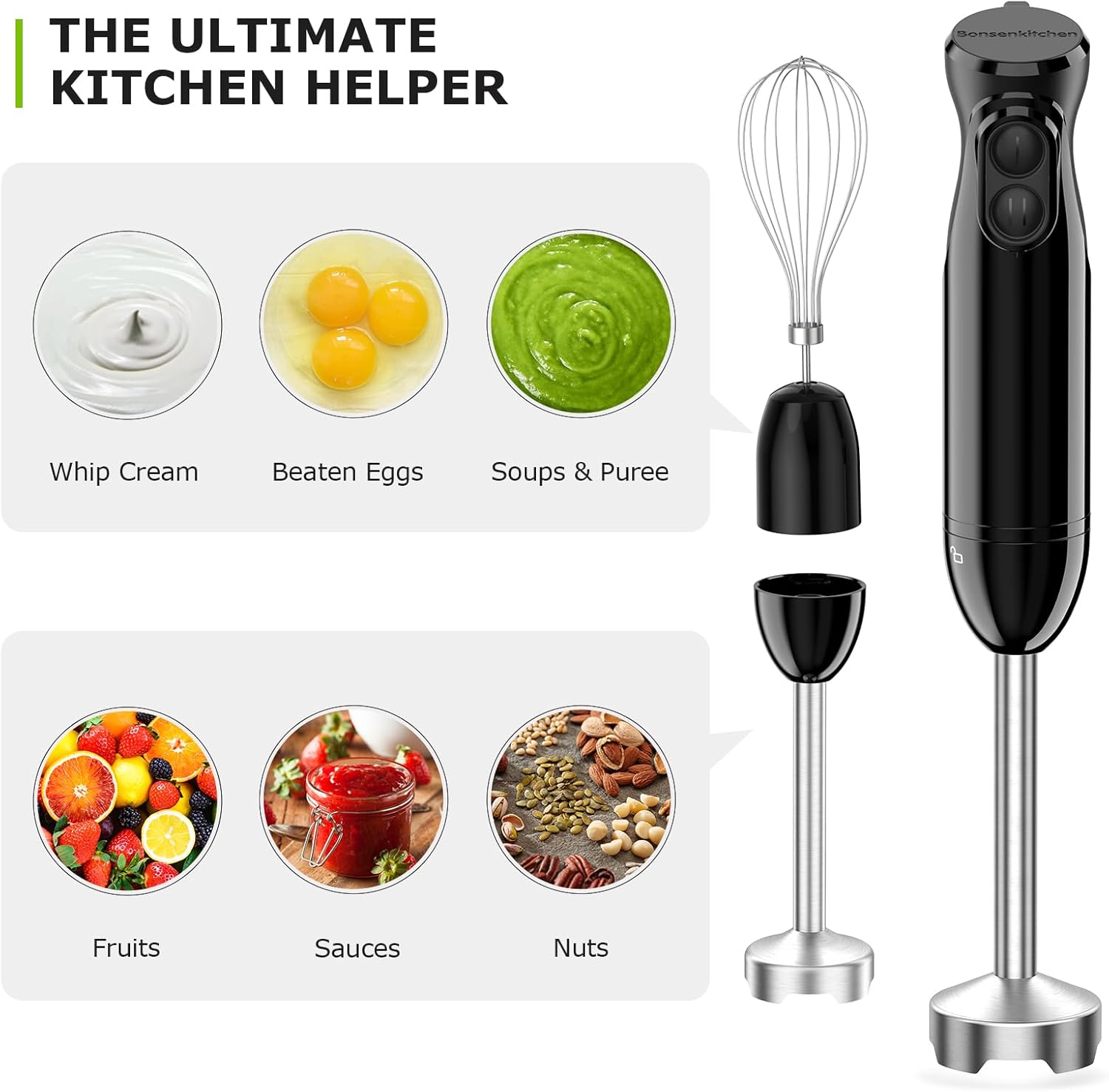 Bonsenkitchen Hand Blender, 3-in-1 Immersion Blender handheld, Stick Blender Electric with Stainless Steel Blade, Egg Whisk, 700ml Beaker for Making Baby Food, Soups, HB3202 (Black) - Image 2