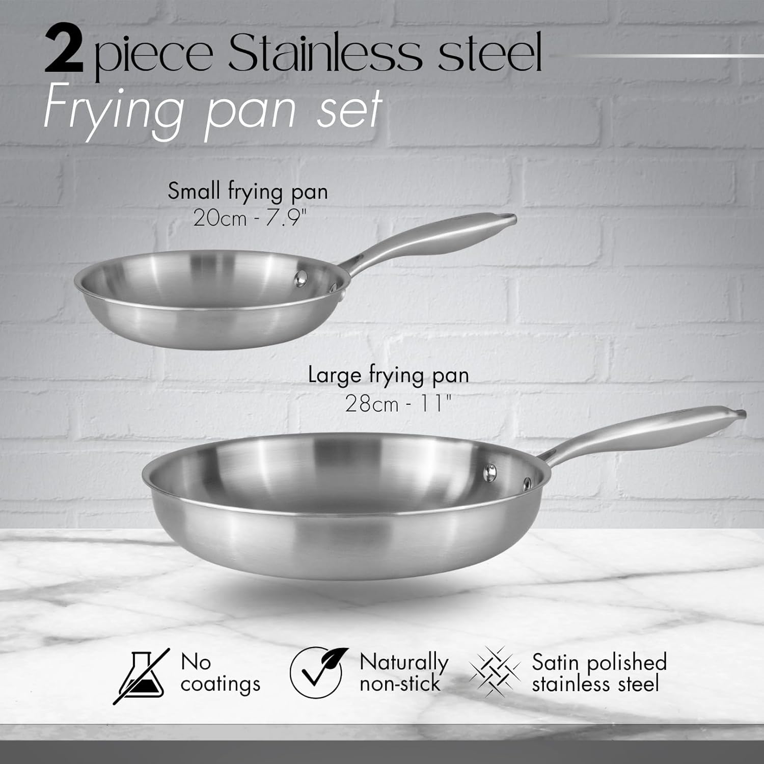 nuovva Stainless Steel Frying Pan Set – 2pcs Induction Hob Pan Set – Naturally Non-Stick Tri-Ply Stainless Steel – 20cm & 28cm Cooking Pans - Image 2
