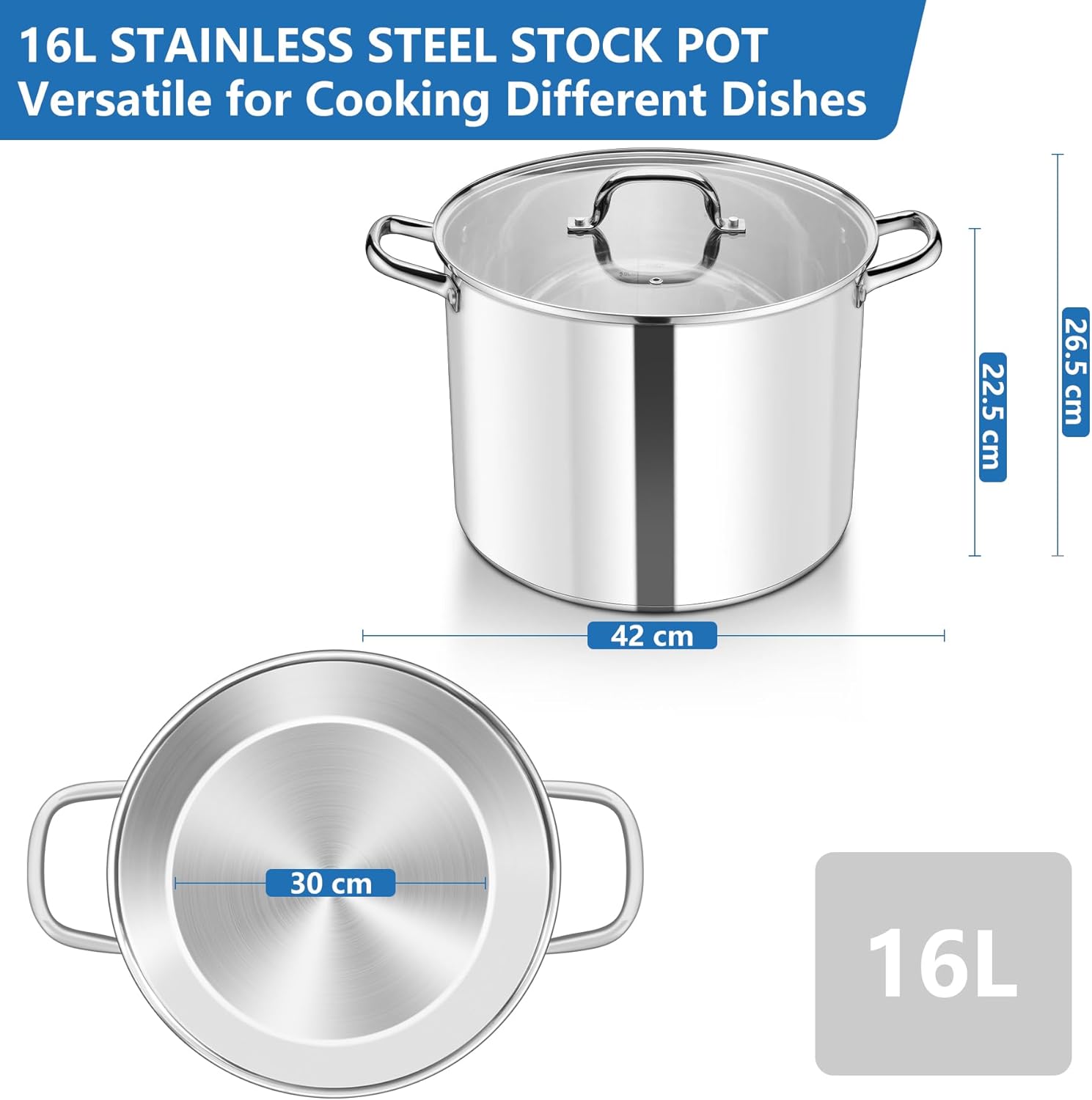 HaWare Extra Large Cooking Pot, 16L Tri-Ply Bottom Stainless Steel Stock Pot with Visible Lid, 30cm Stockpot for Pasta/Meat/Soup, Suit for Induction/Electric/Gas/Ceramic, Healthy & Easy Clean - Image 2