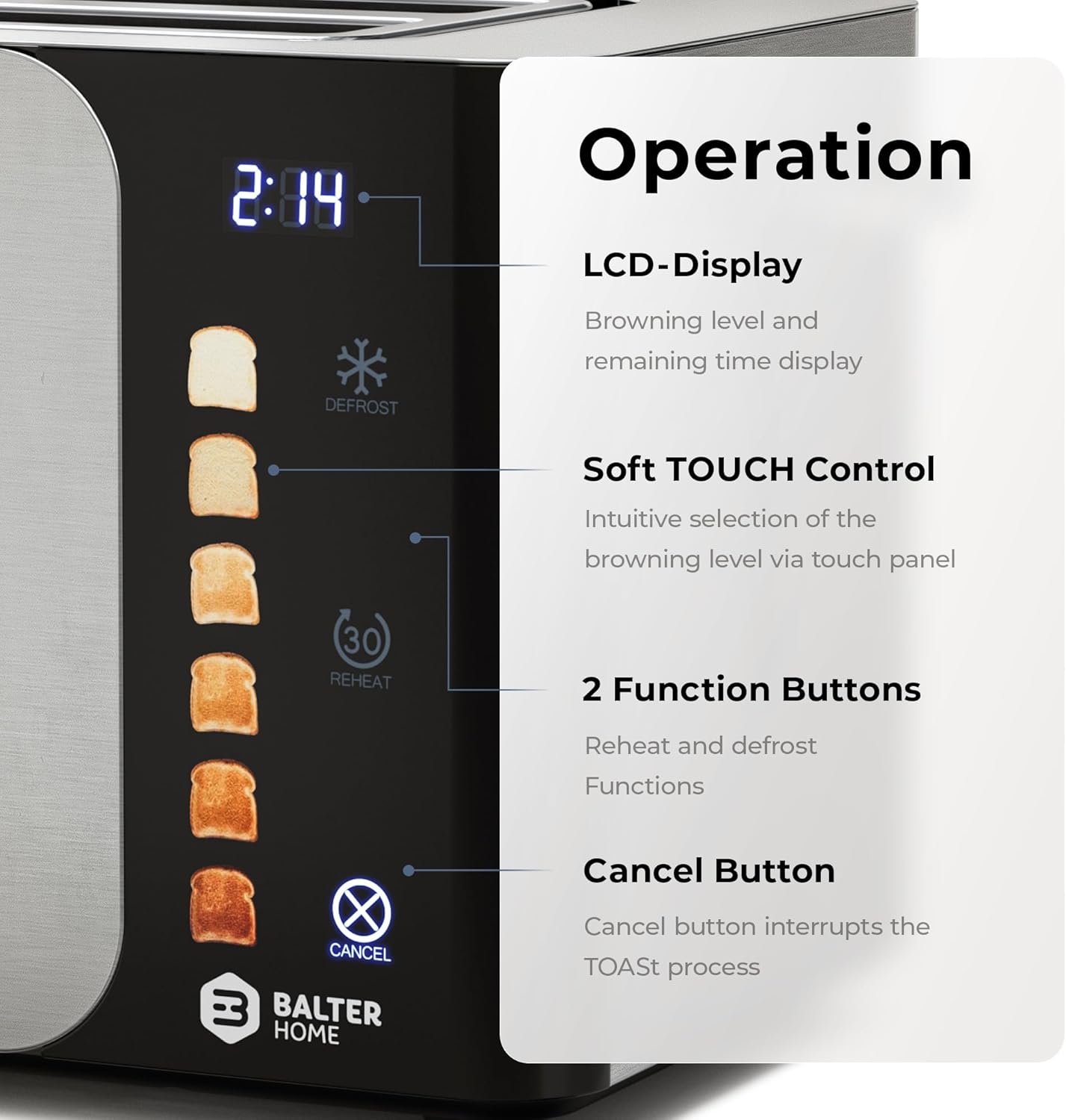 Balter Toaster 4 Slice wide slots, Long Slot, Stainless Steel, Touch Screen, Built-in Rack, Extra wide slots for Thick Breads & Bagel, Timer, BPA-Free, Removable Tray, Silver/Touch - Image 4