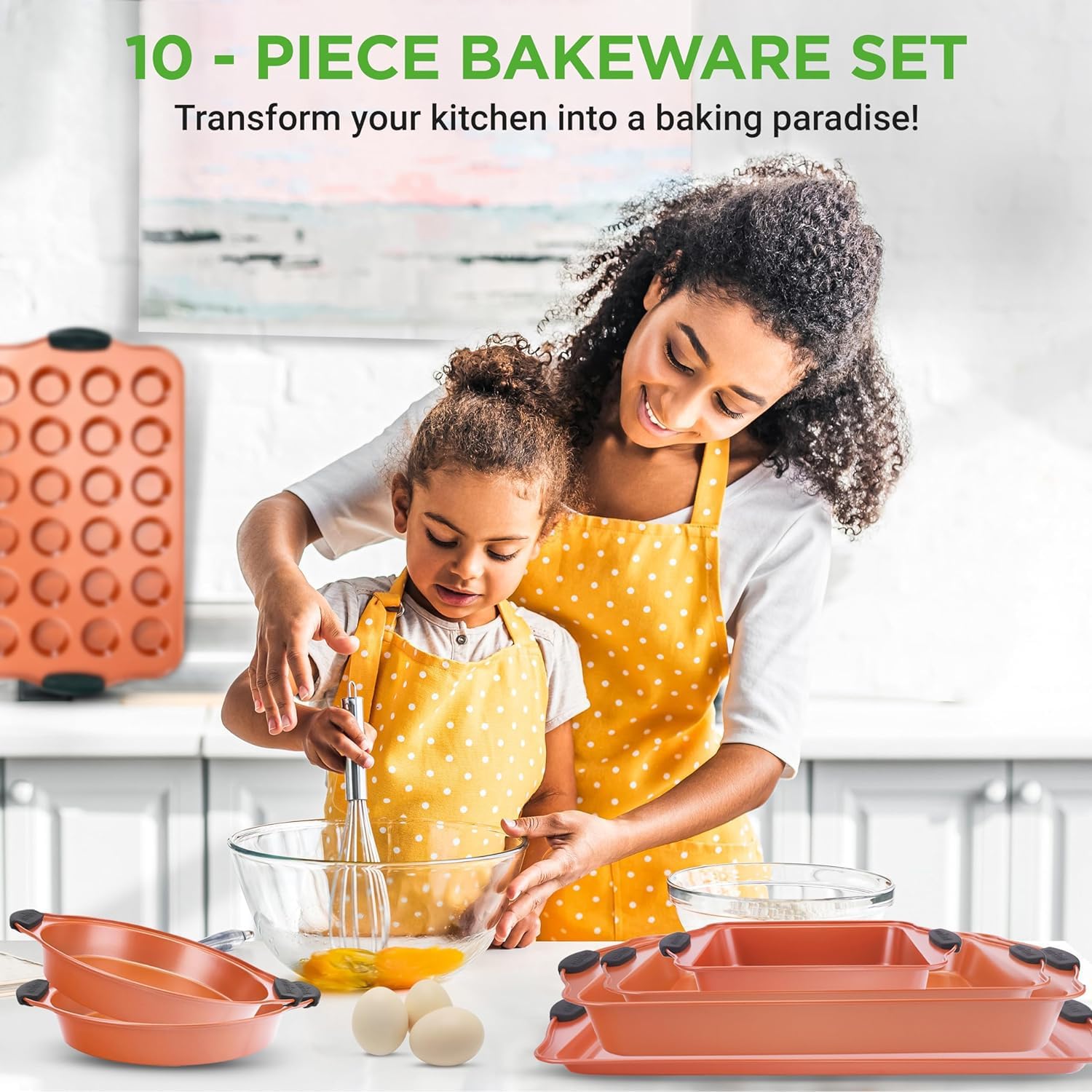 NutriChef Non-Stick Bakeware Set 10-Piece , Premium Carbon Steel Baking Pans with Silicone Handles, Includes Cookie Sheets, Cake, Pizza and Roasting Pans, Non-Toxic Kitchen Cookware Set, Copper - Image 2