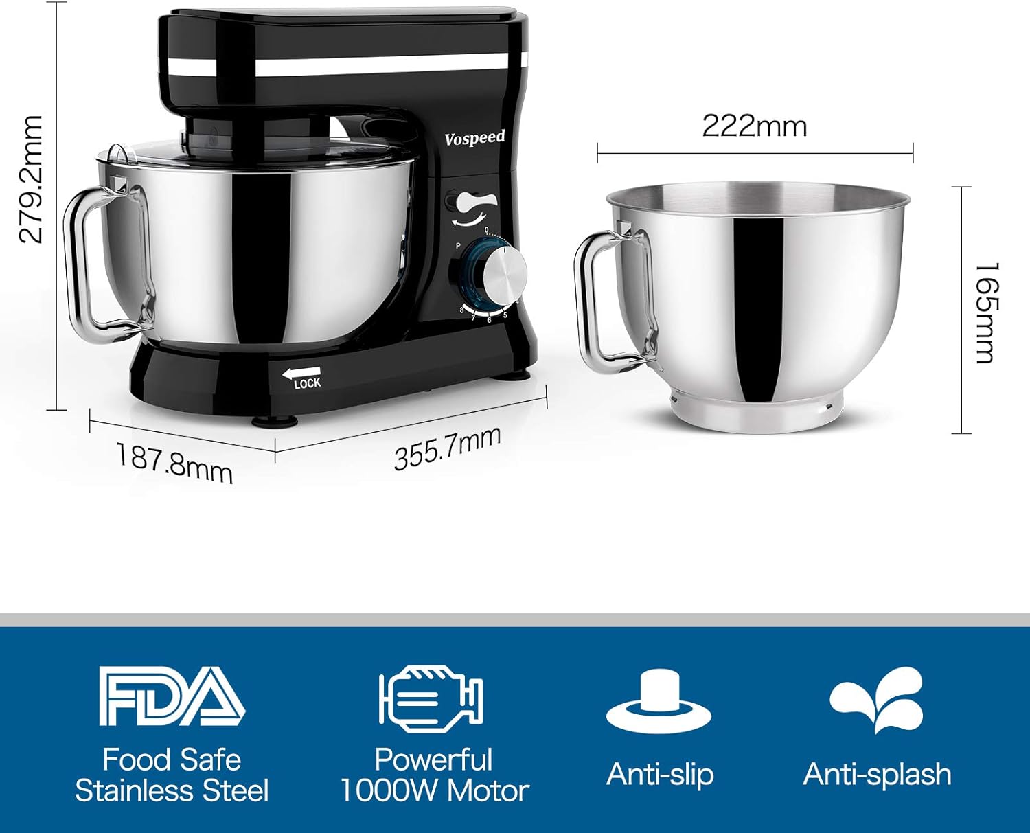 Vospeed Stand Mixer,5 Quarts 8-Speed 1000W Tilt-Head Food Mixer, Kitchen Electric Standing Mixer With Dough Hook, Whisk, Beater, Splash Guard & Mixing Bowl For Baking, Dishwasher Safe (Black) - Image 6
