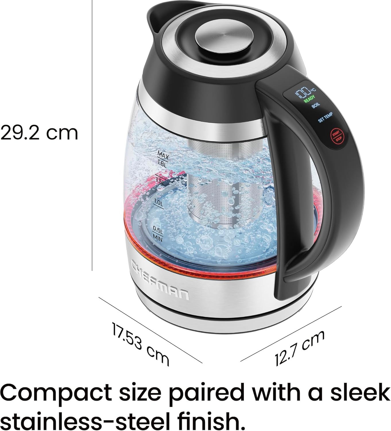 Chefman Electric Kettle for Boiling Water, 1.8L 1500W, Hot Water in 3 Minutes, LED Lights, Auto Shut-off, Boiling and Drying Protection, Glass Electric Kettle (Temperature Control) - Image 9