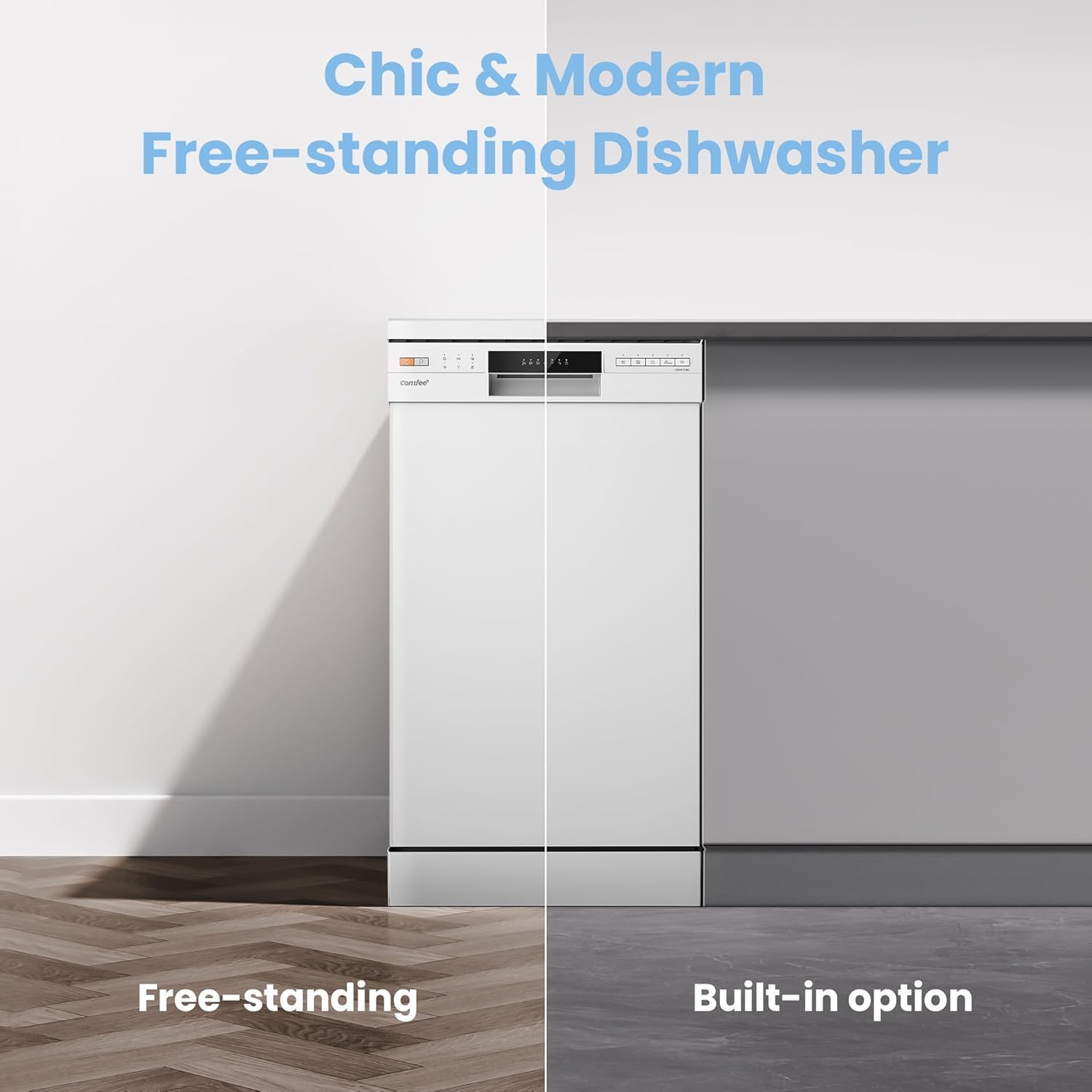 COMFEE' Freestanding Dishwasher CDWEF1034BW-UK 45cm Width, Slimline Dishwasher with 10 place settings, Quick Wash, Hygiene Wash, Delay Start, Half Load, Adjustable Basket - White - Image 6