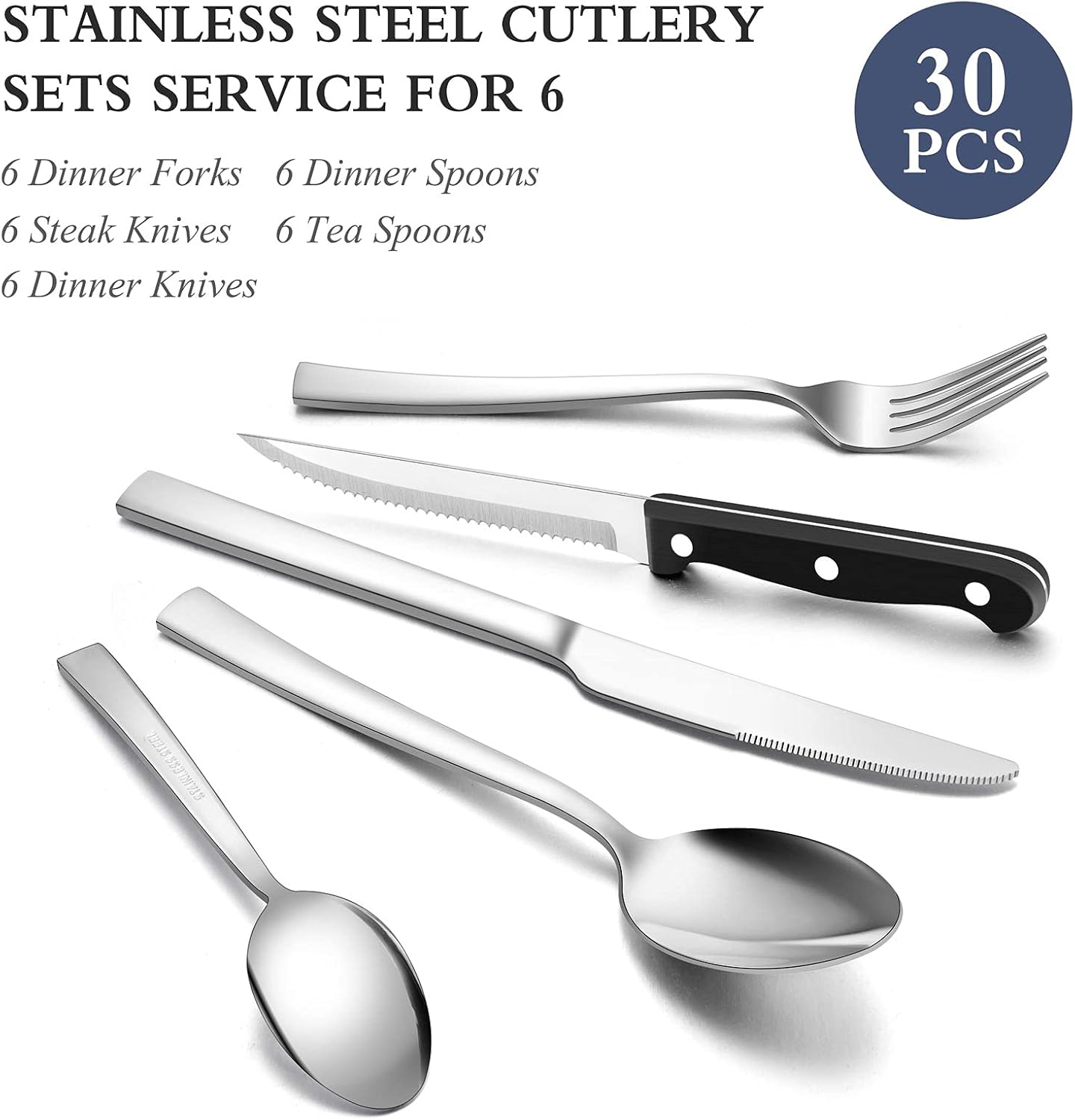 24 Piece Cutlery Set with 6 Piece Steak Knives, Homikit Stainless Steel Flatware Silverware Sets for 6 People, Elegant Tableware Set Included Knives Forks Spoons, Mirror Finished & Dishwasher Safe - Image 2