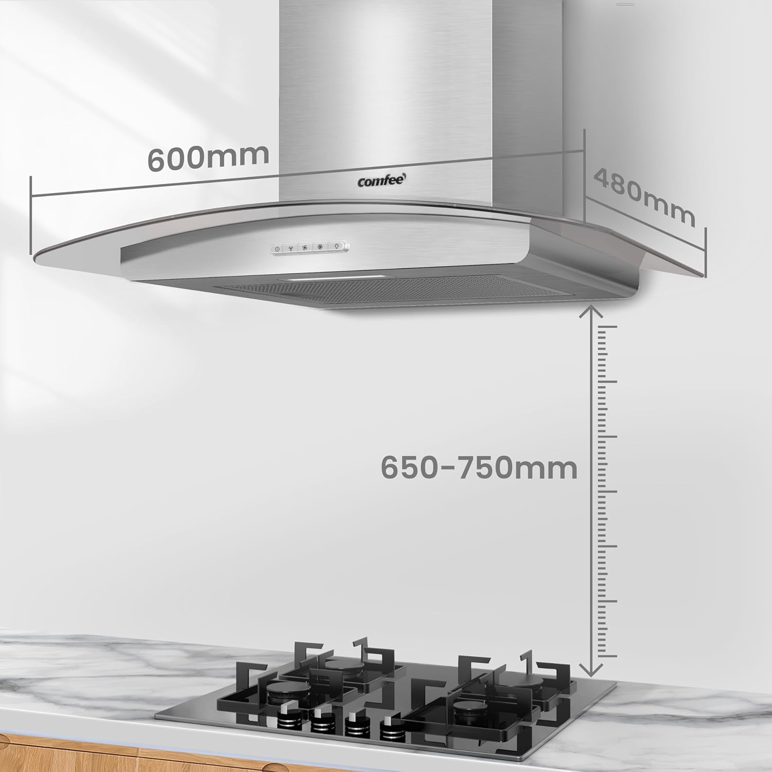 COMFEE' Chimney Cooker Hood 60cm GLAV17SS-60 with LED Light & Glass Extractor Hoods, 600mm Kitchen Extractor Fan - Stainless Steel - Image 6