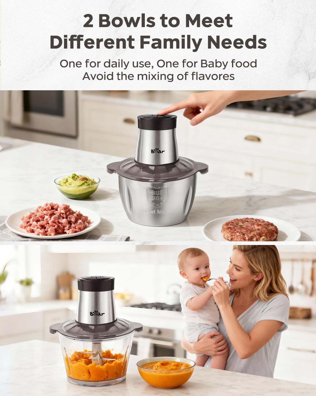 Bear 2L+1.8L 600W Electric Food Processors & Chopper with Glass Container and 304 Stainless Steel Container, 2 Speed Settings, 4 Stainless Steel Blades for Chopping Meat, Baby Food, Fruit, Vegetable - Image 6