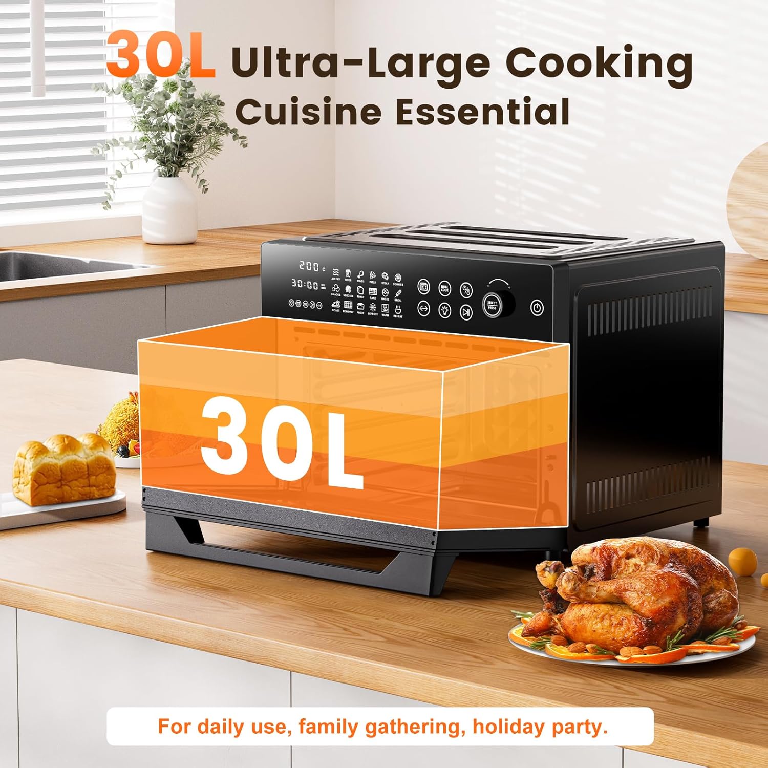 30L Air Fryer Oven, 18 in 1 Presets Dual-Cook Function Air Fryer, 360°Hot Air Circulation Technology/Digital Knob/LED Touch Panel/Timer & Temperature Control, Oil-Less Cooking, 7 Accessories, 1800W - Image 2