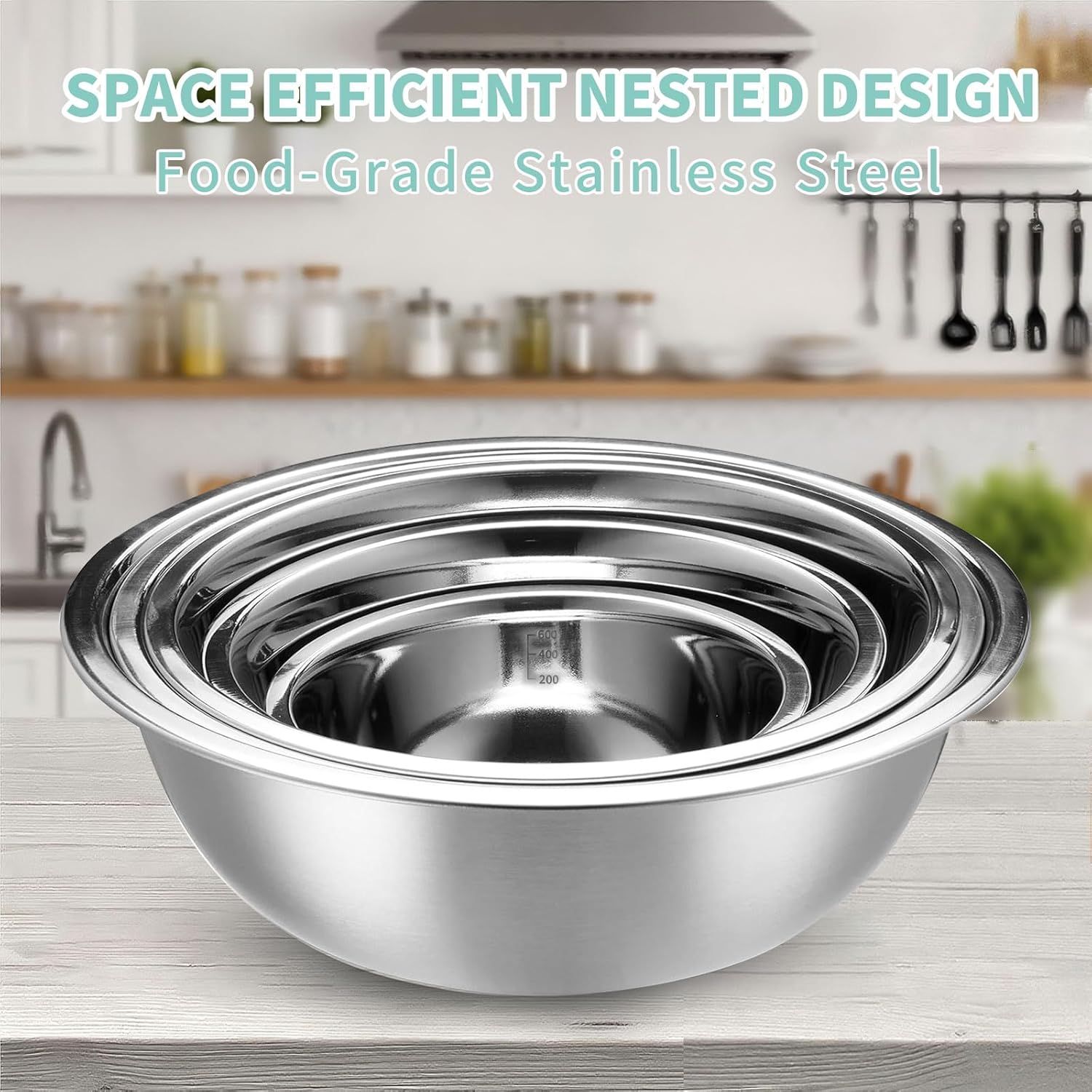 Stainless Steel Mixing Bowl (5-Piece Set) with A Silicone Non Slip Trivet, Kitchen Mixing Bowls with Measurement Markings, Size 0.6, 0.9, 1.6, 2.0, 2.6L for Baking & Cooking, Dishwasher Safe - Image 4