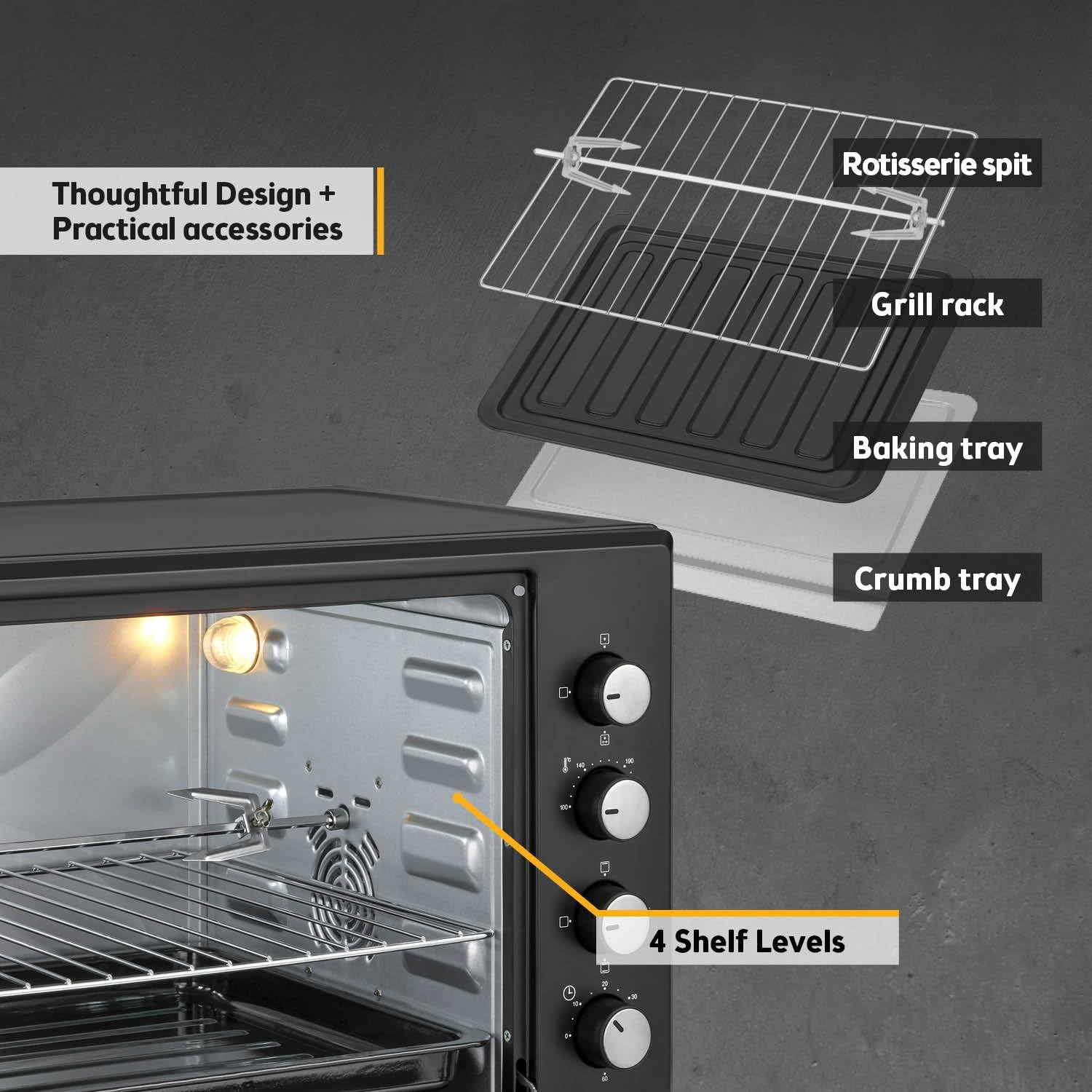 TZS First Austria - Mini Oven 60L 2000W - Small Pizza-Oven temperature control up to 230°C & 6 modes - Baking-Oven with 60 min. timer, 4 rack levels, baking tray, grill rack & rotisserie skewer - Image 5