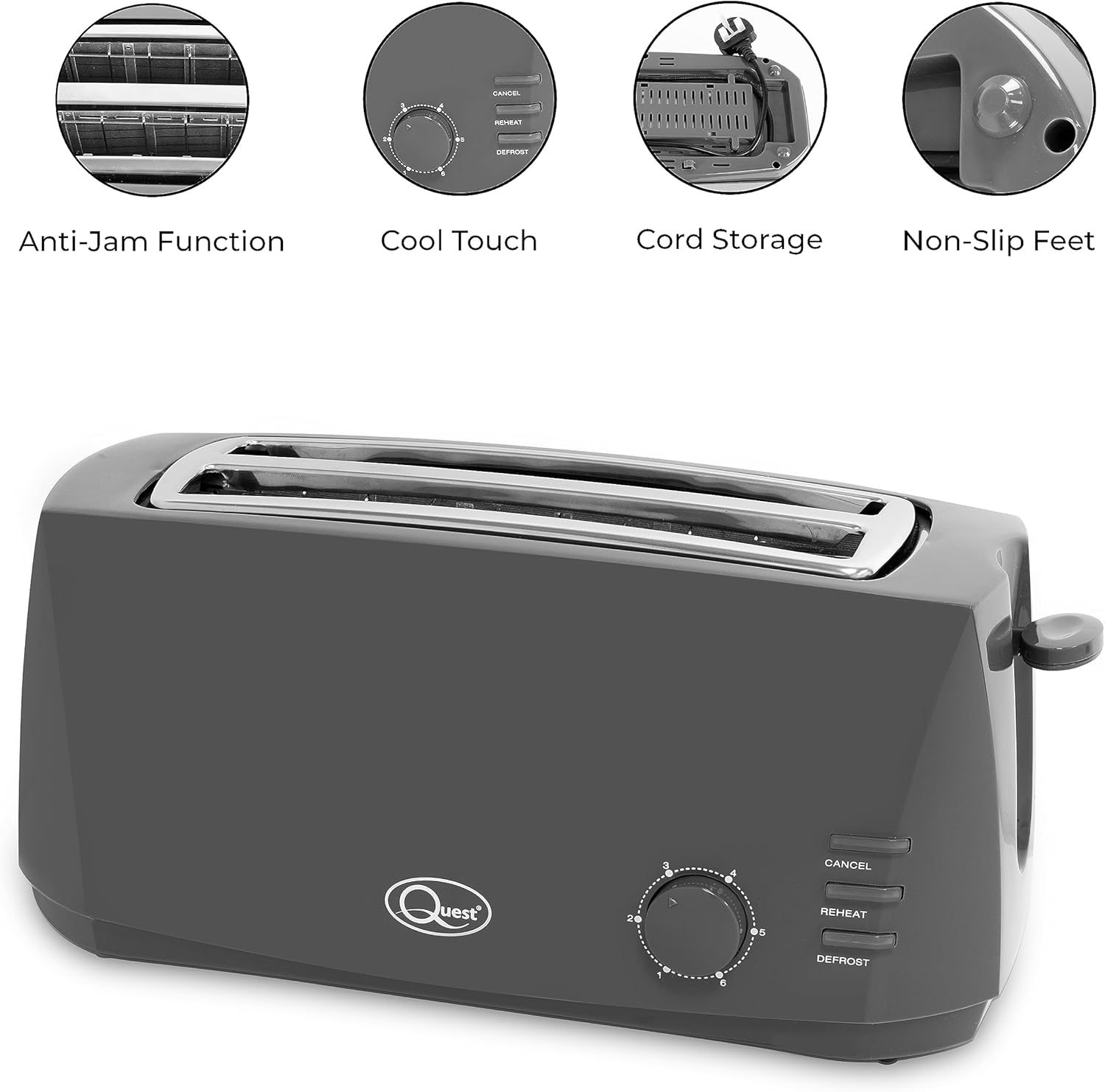 Quest 4 Slice Toaster Grey - Extra Wide Long Slots for Crumpets and Bagels - 6 Settings - Reheat and Defrost - Image 9