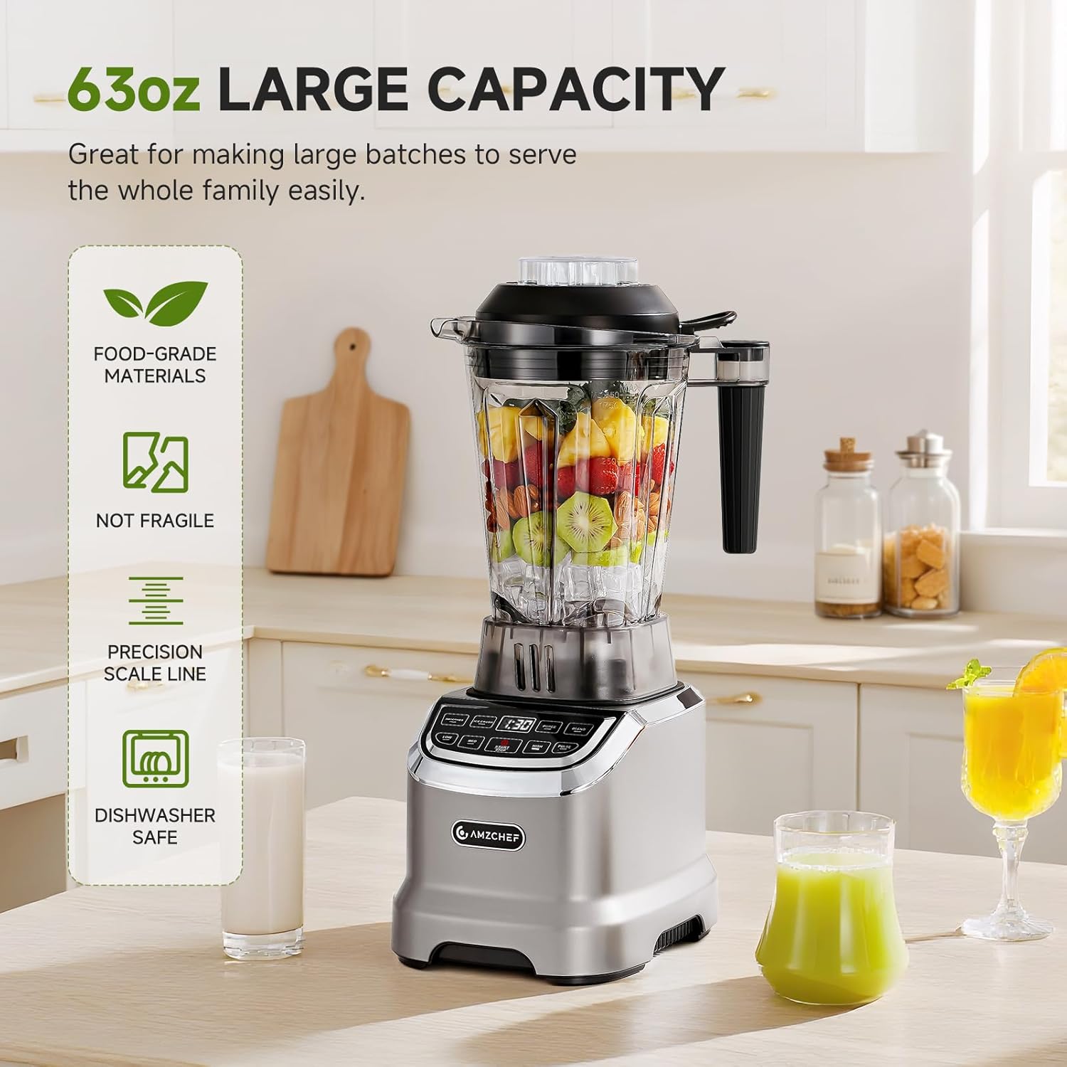 AMZCHEF Blender Smoothie Maker with Two Ways, 1800W Blenders for Kitchen with Smart Panel Control, 3 Speed Control & 4 Preset Settings, 1.85L Jug & 600ml Portable Bottle - Image 4