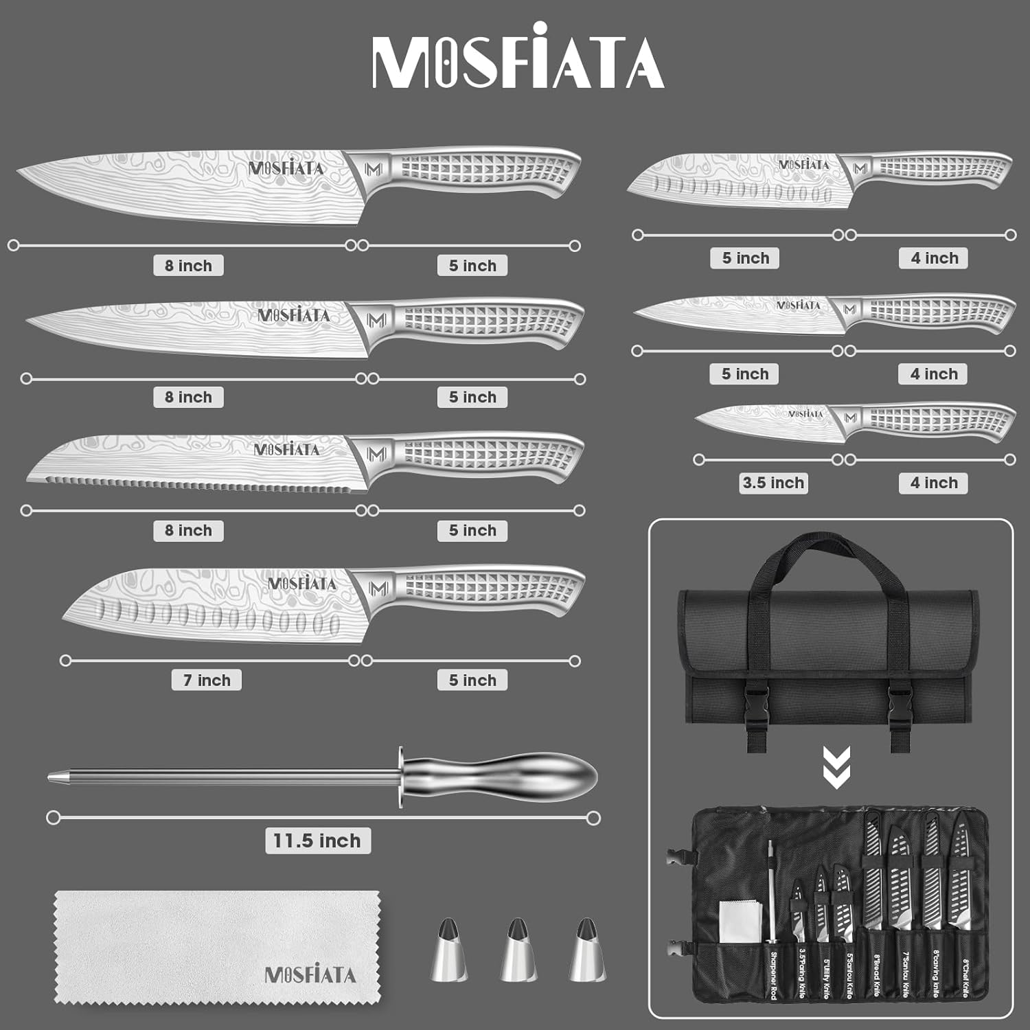 MOSFiATA Chef Knife Set, 12PCS Portable Sharp Kitchen Knife Set, High Carbon Japanese Stainless Steel Professional Chef Knives Sets with Knife Roll Bag Sharpener - Image 2