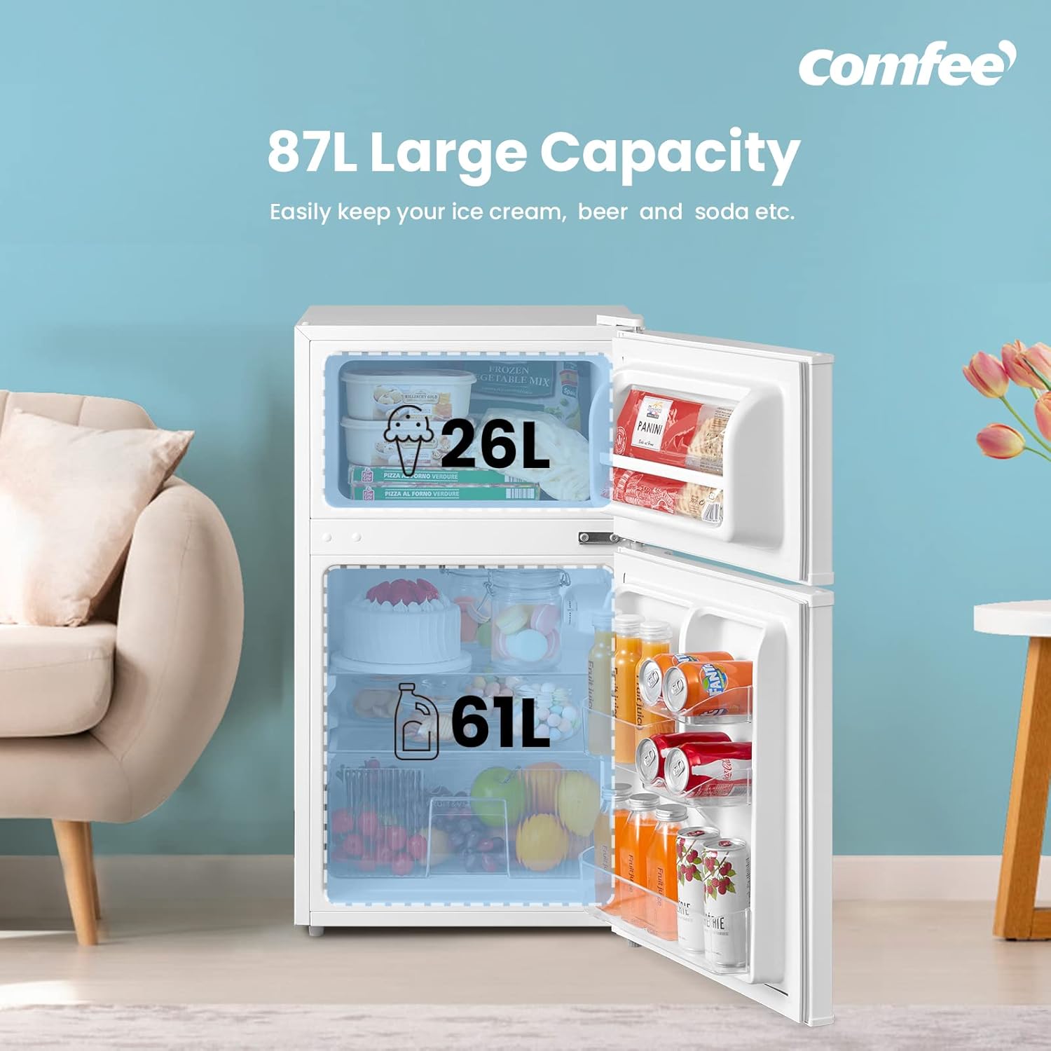 COMFEE' RCT87WH2(E) Under Counter Fridge Freezer, 87L Small Fridge Freezer with Light, Removable Shelves, Adjustable Thermostats, Reversible Doors, White - Image 2
