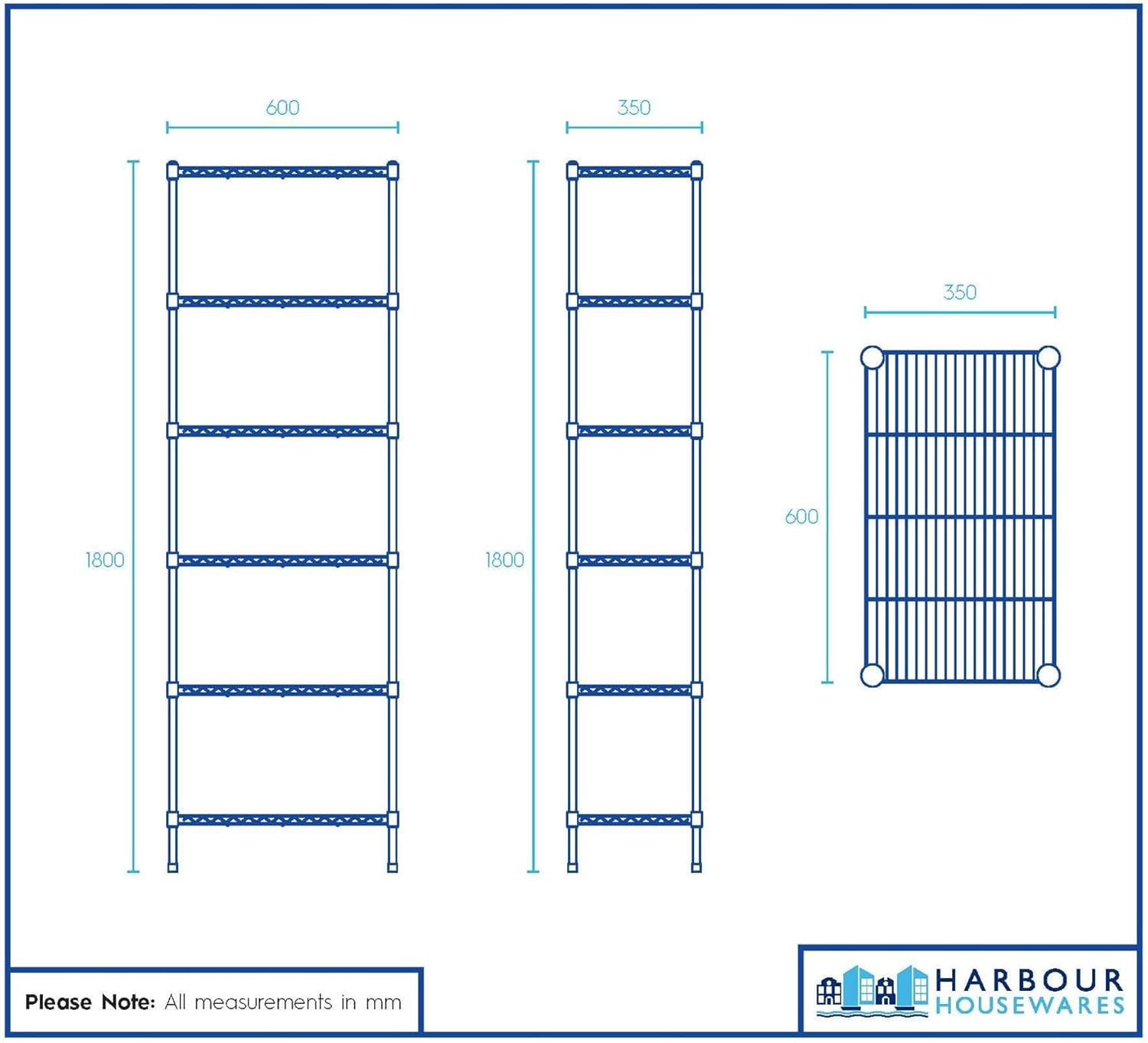 Harbour Housewares 6-Tier Shelving Unit - 180 x 60 x 35cm - Black 6 Shelf Wire Storage Unit with Adjustable Shelves & Levelling Feet Free Standing Garage Storage, Kitchen Organisation Wire Rack - Image 3