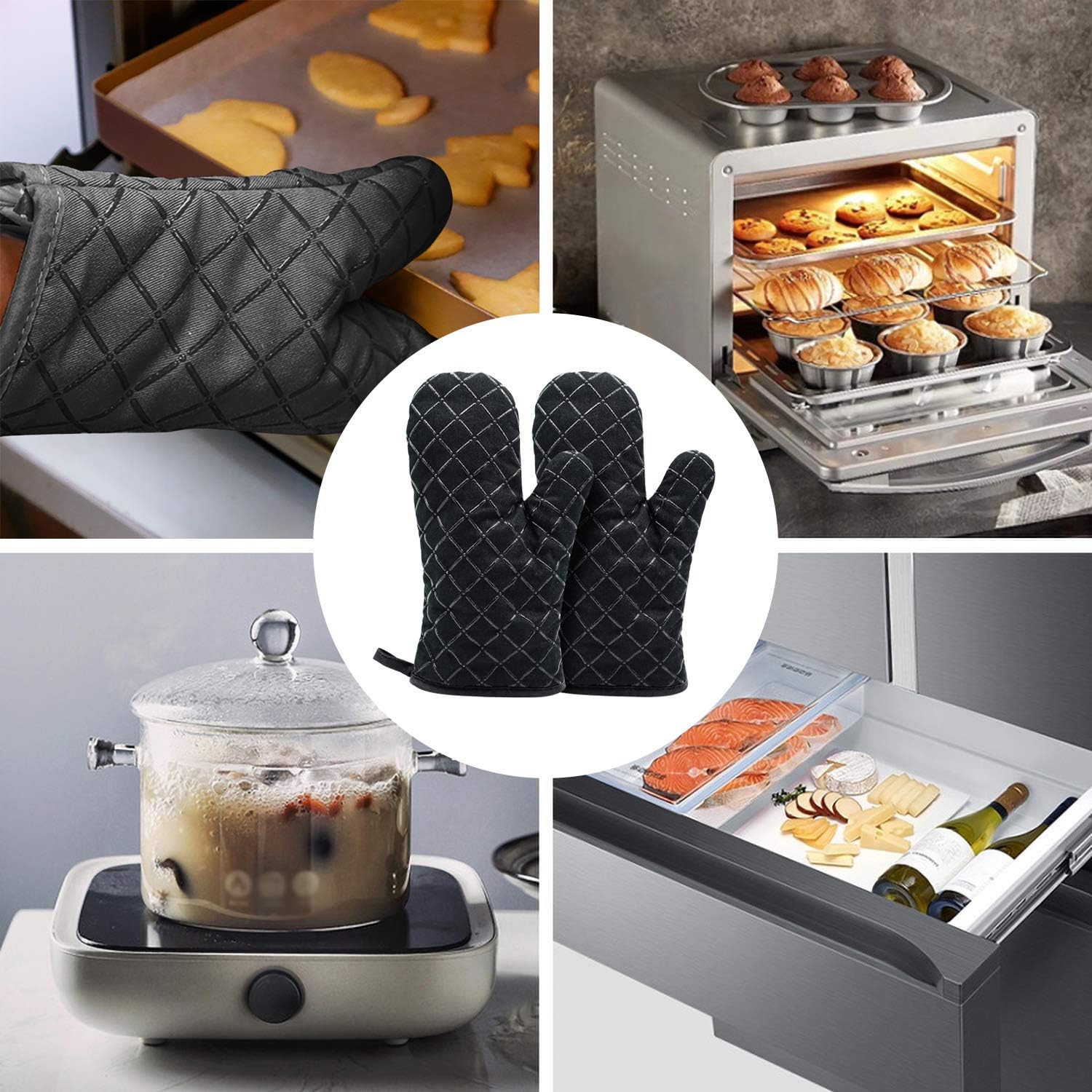 Oven Gloves,Heat Resistant Silicone Oven Gloves Non-Slip Kitchen Oven Mitts for Grilling Cooking Baking Kitchen Microwave Pizza (Black) - Image 6