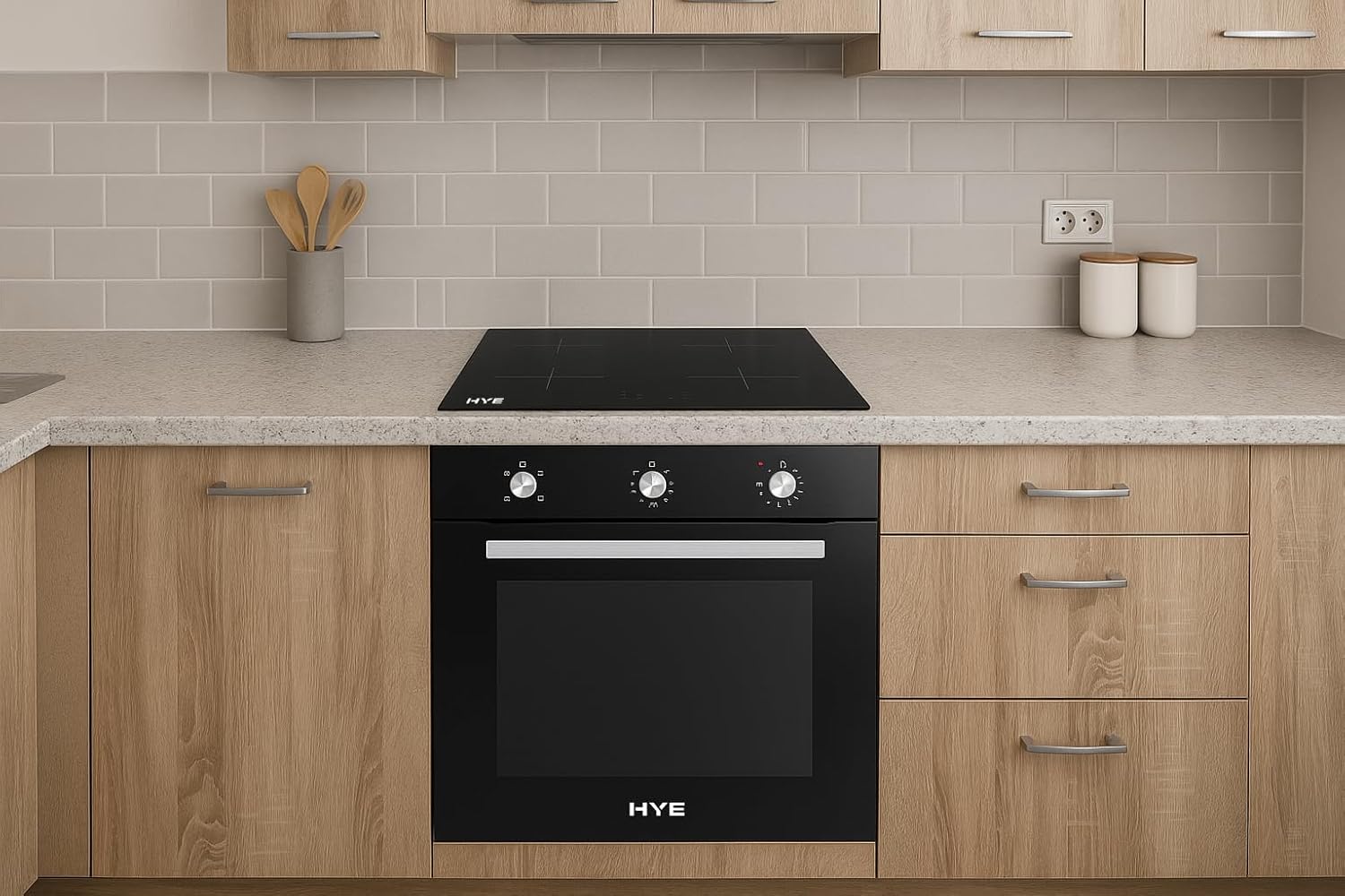 HYE Built In Electric Oven & Induction Hob - 60cm Electric Oven, 4 Zone Induction Hob, Simple & Intuitive Controls, Sleek Black Finish, Perfect For Modern Homes - C01BI60S22
