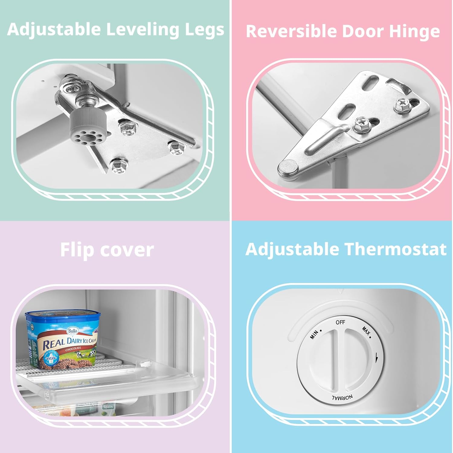 COMFEE' RCU60WH2(E) 60L Freestanding Under Counter Upright Freezer, 4-Star Freezer up to -24°C, 3 Storage Compartmen, Adjustable Thermostat, Reversible Door, White - Image 7