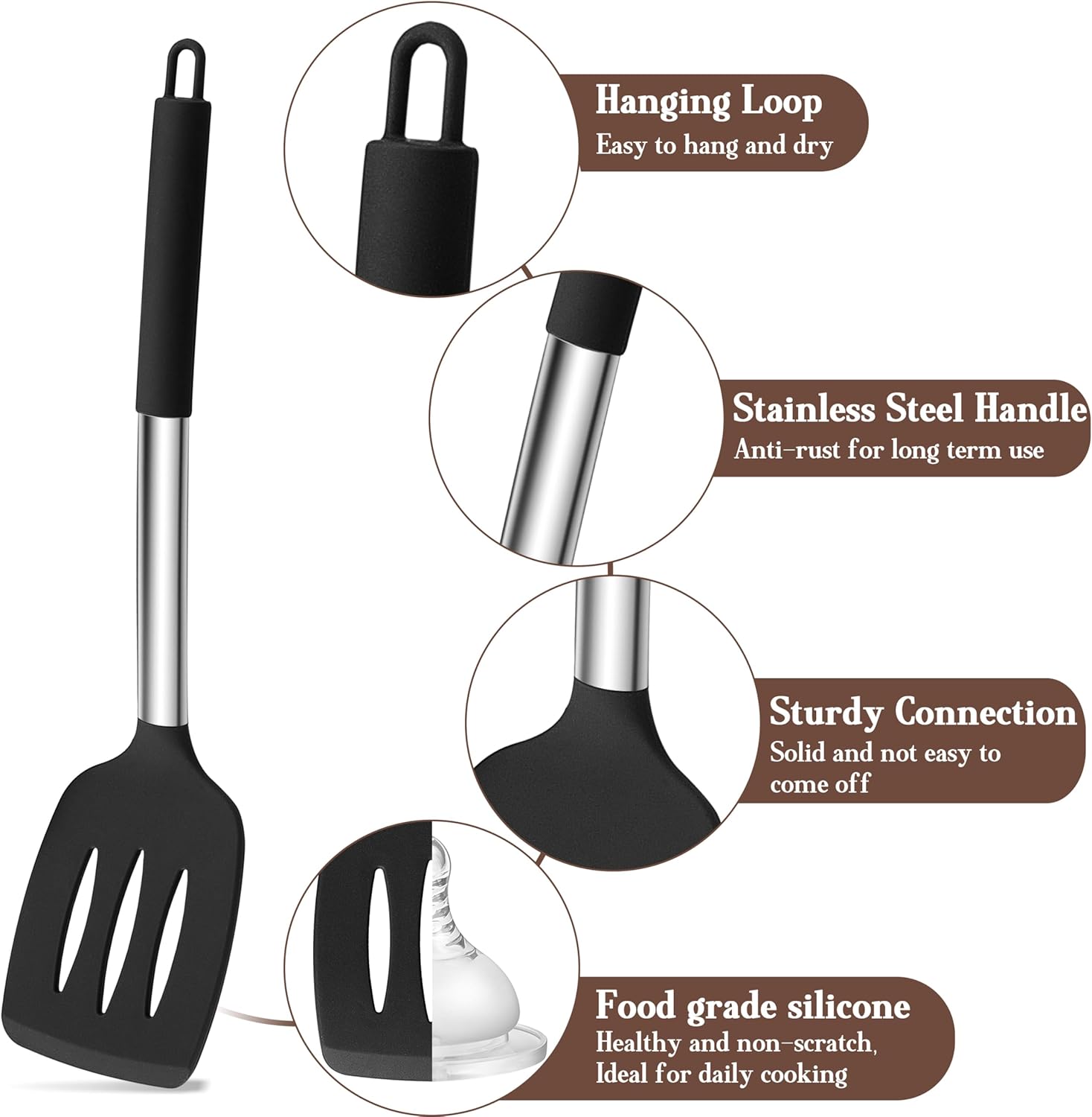 Onader Black Kitchen Utensils Set, 6 Pieces Silicone Cooking Utensils for Non-Stick Cookware, Heat Proof Kitchen Cooking Tools, Stainless Steel Handle & Dishwasher Safe - Image 3