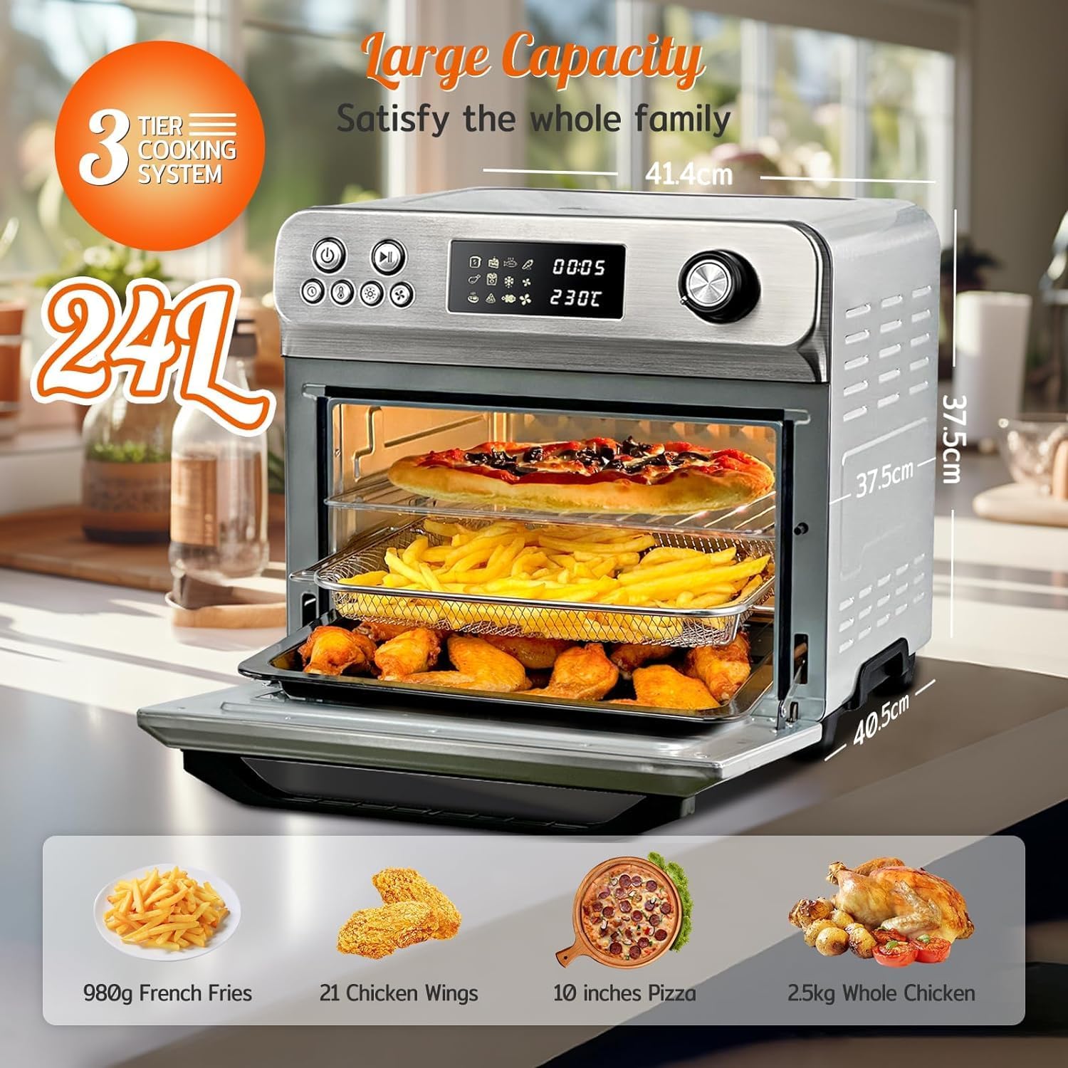 HYSapientia® 24L Air Fryer Oven With Rotisserie Large XXL Digital Knob 1800W 10 in 1 airfryer Countertop Convection Mini Toaster Oven electric and grill, Stainless steel inner, Full Accessory Set - Image 2