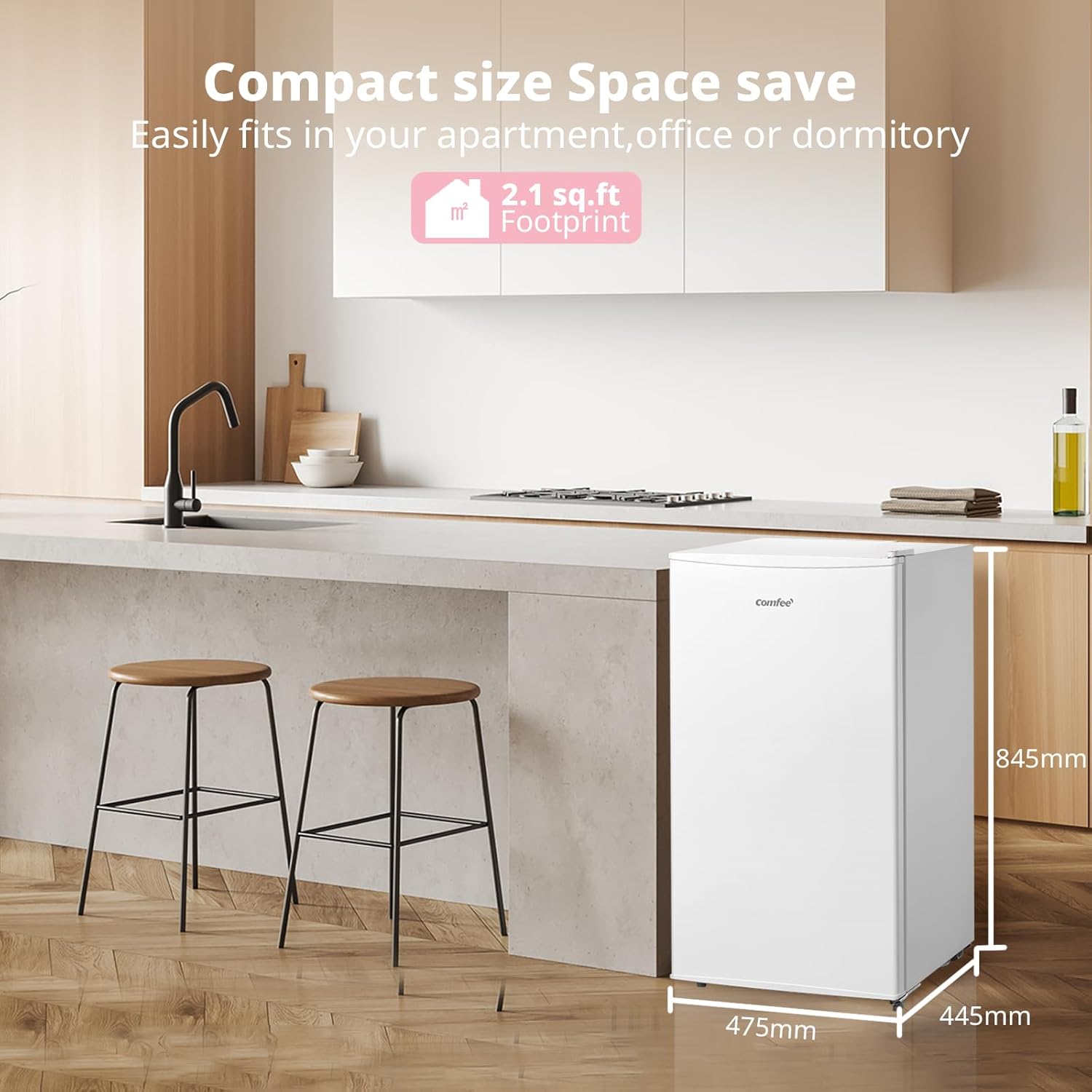 COMFEE' RCU60WH2(E) 60L Freestanding Under Counter Upright Freezer, 4-Star Freezer up to -24°C, 3 Storage Compartmen, Adjustable Thermostat, Reversible Door, White - Image 2