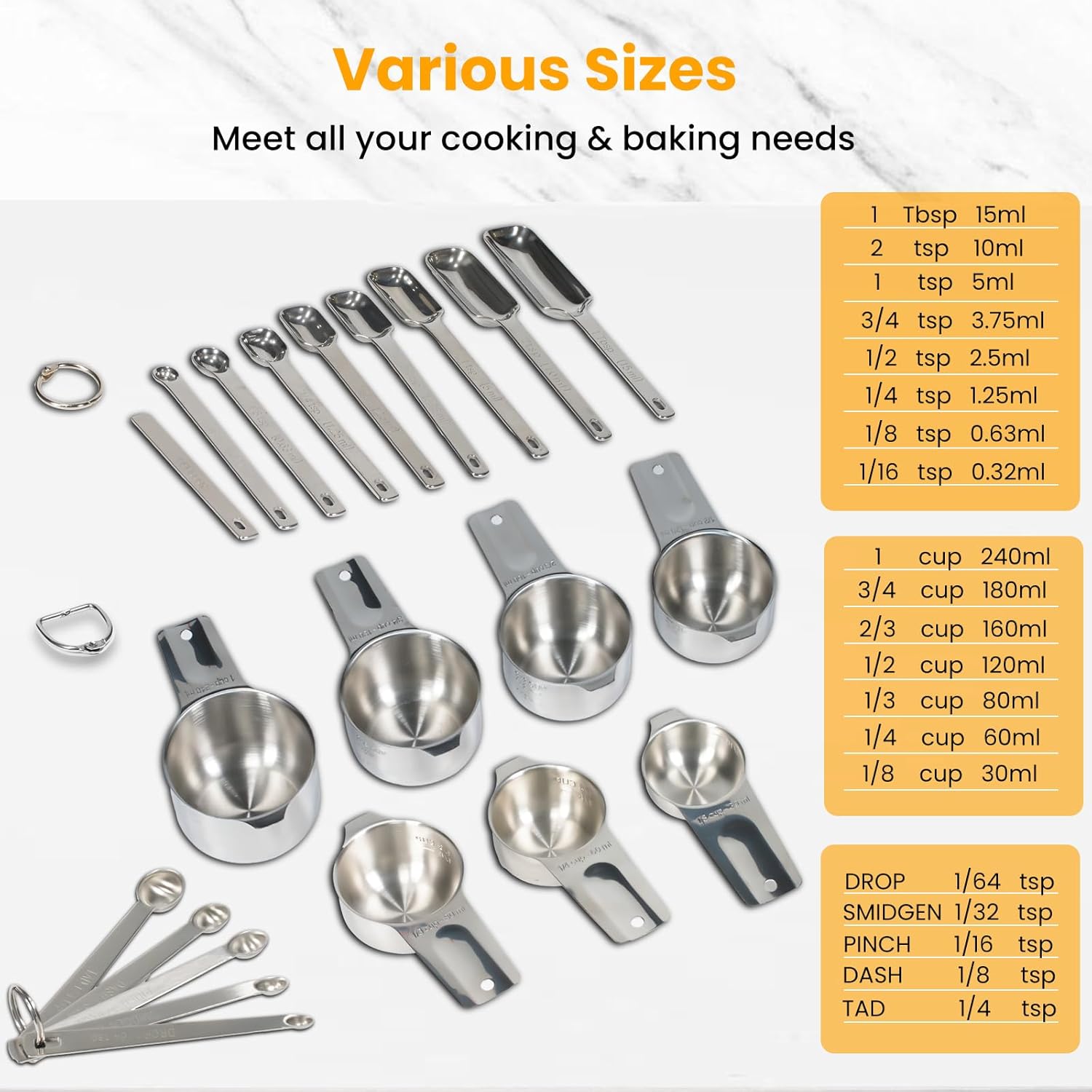 Stainless Steel Measuring Cups & Spoons Set of 20 - Includes 7 Nesting Cups, 7 Narrow & 5 Mini Measuring Spoons with Leveler Fits Spice Jars, Engraved Markings for Dry & Liquid Ingredients - Image 2