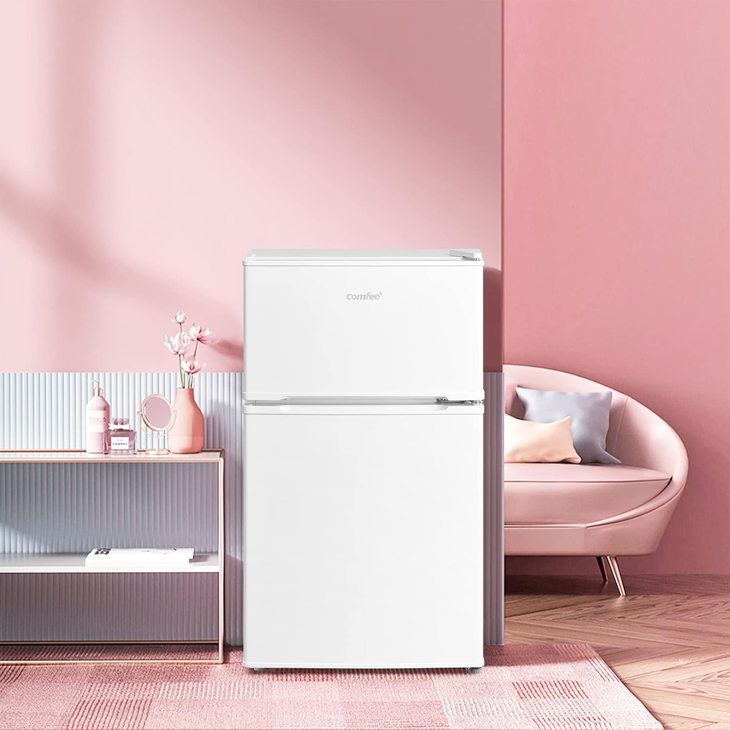 COMFEE' RCT87WH2(E) Under Counter Fridge Freezer, 87L Small Fridge Freezer with Light, Removable Shelves, Adjustable Thermostats, Reversible Doors, White - Image 6