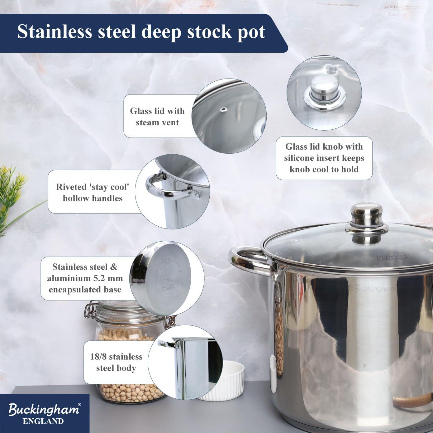 Buckingham Deep Induction Stock Pot with Glass Lid Premium Stainless Steel Multipurpose Large Cooking Pot for Soups Stews (11 litres) - Image 3