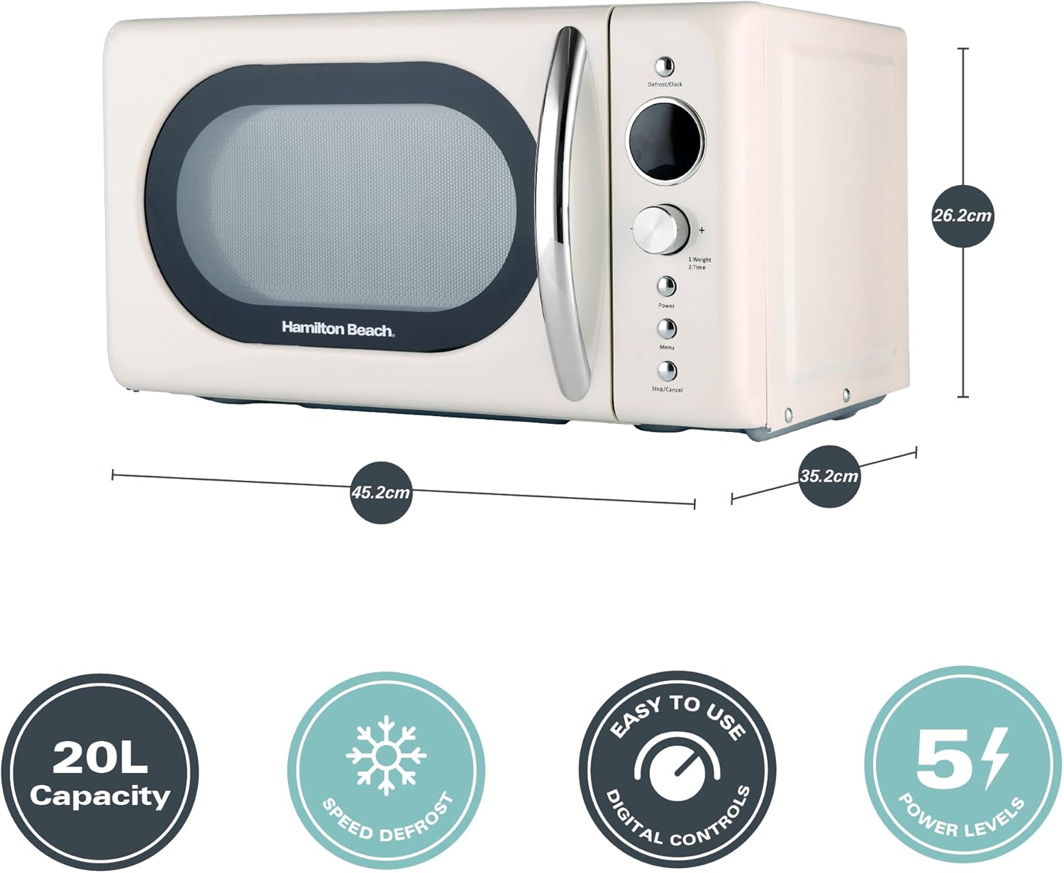 Hamilton Beach 20L Retro Microwave, Compact, 8 Presets, 60 Min Timer, Express Cooking, Child Lock, LED Display, Defrost, 700W - HB70H20C, Cream - Image 3