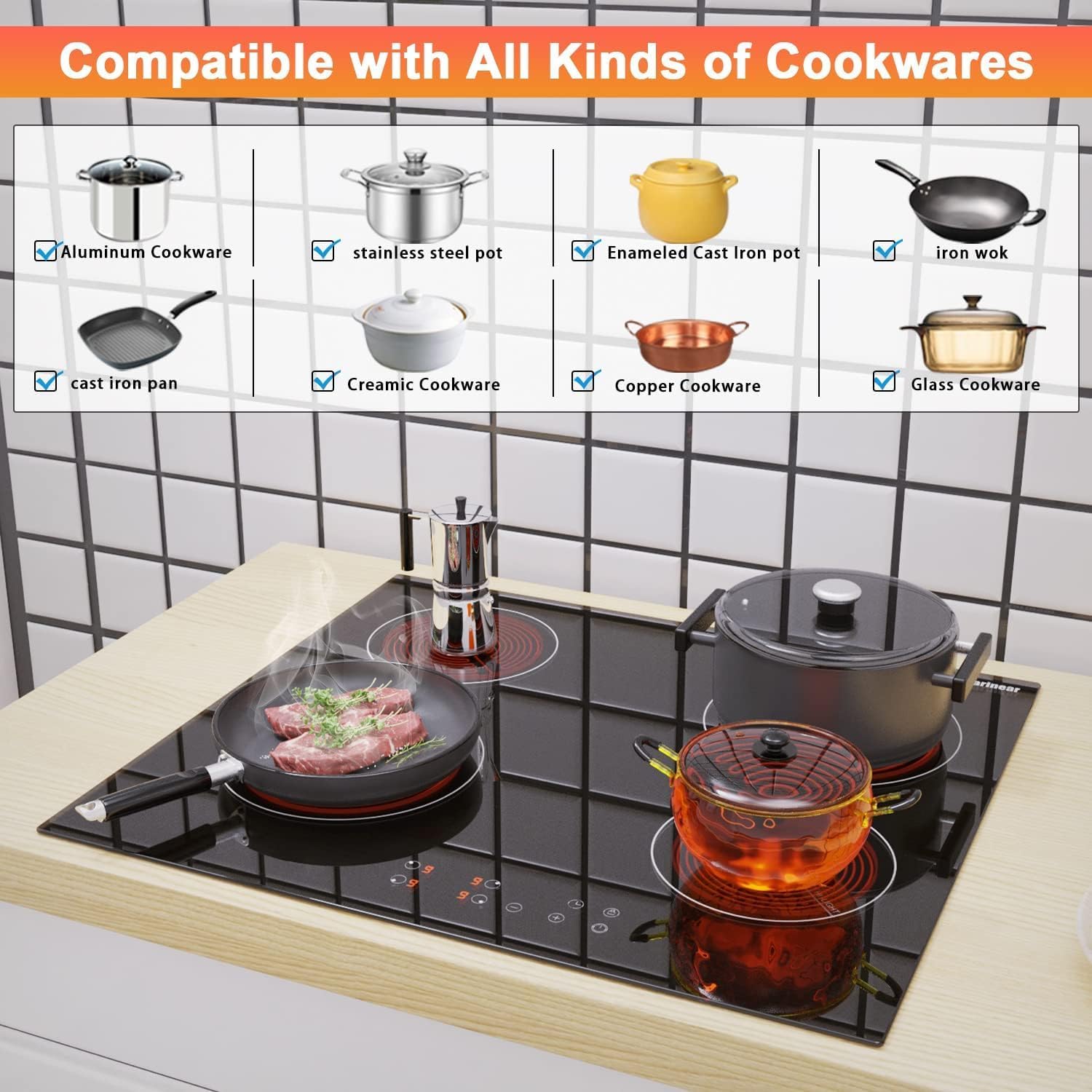 Karinear Ceramic Hob, 60cm Built-in 4 Zones Ceramic Hob with Safe Lock, Timer, Touch Control 6000W, Hard Wired, No Plug Included - Image 2