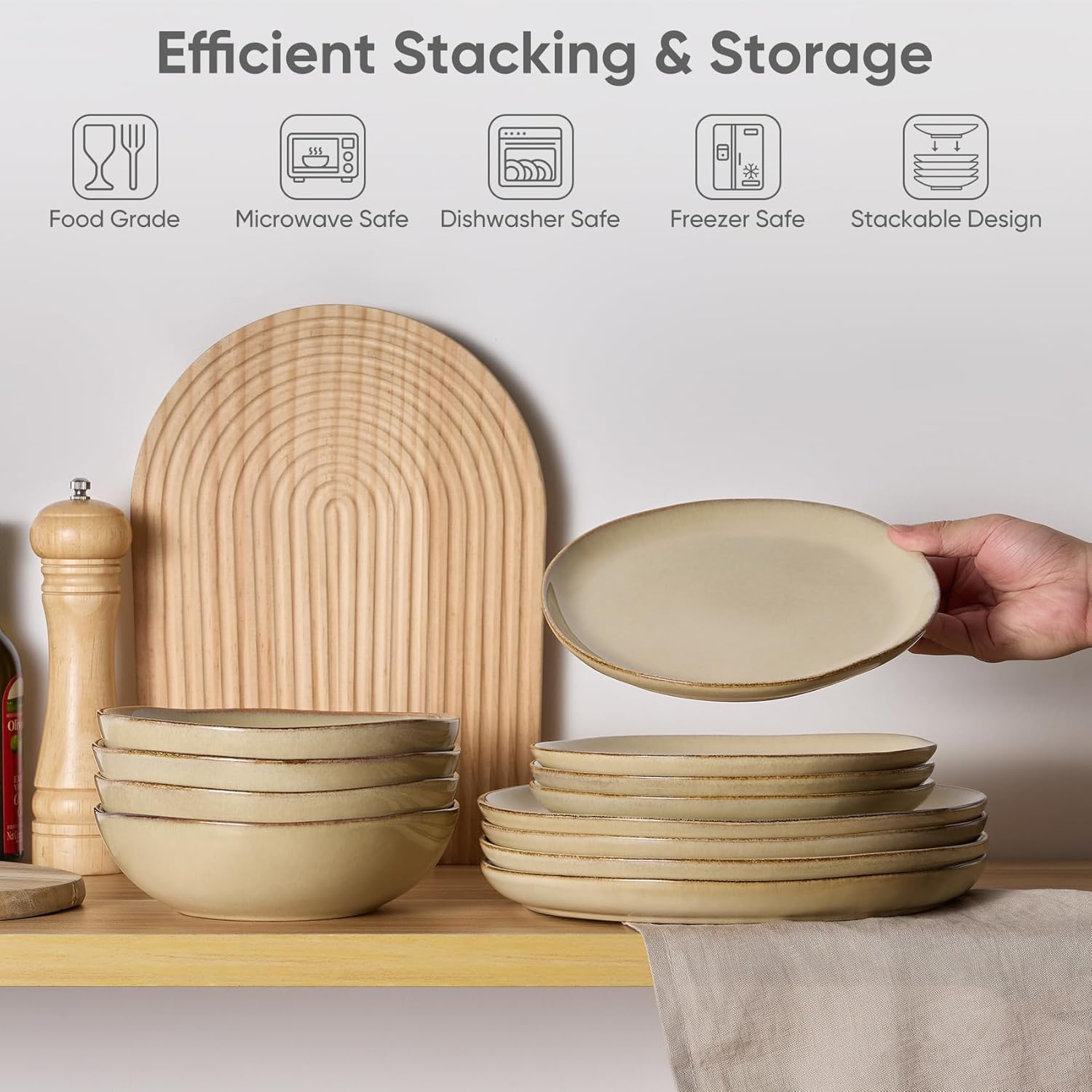 Homikit 12-Piece Dinner Set, Reactive Glaze Stoneware Dinnerware for 4 People, Irregular Shape Crockery with Plates and Bowls, Non-Toxic & Non-Scratch, Microwave and Dishwasher Safe - Caramel Dusk - Image 4