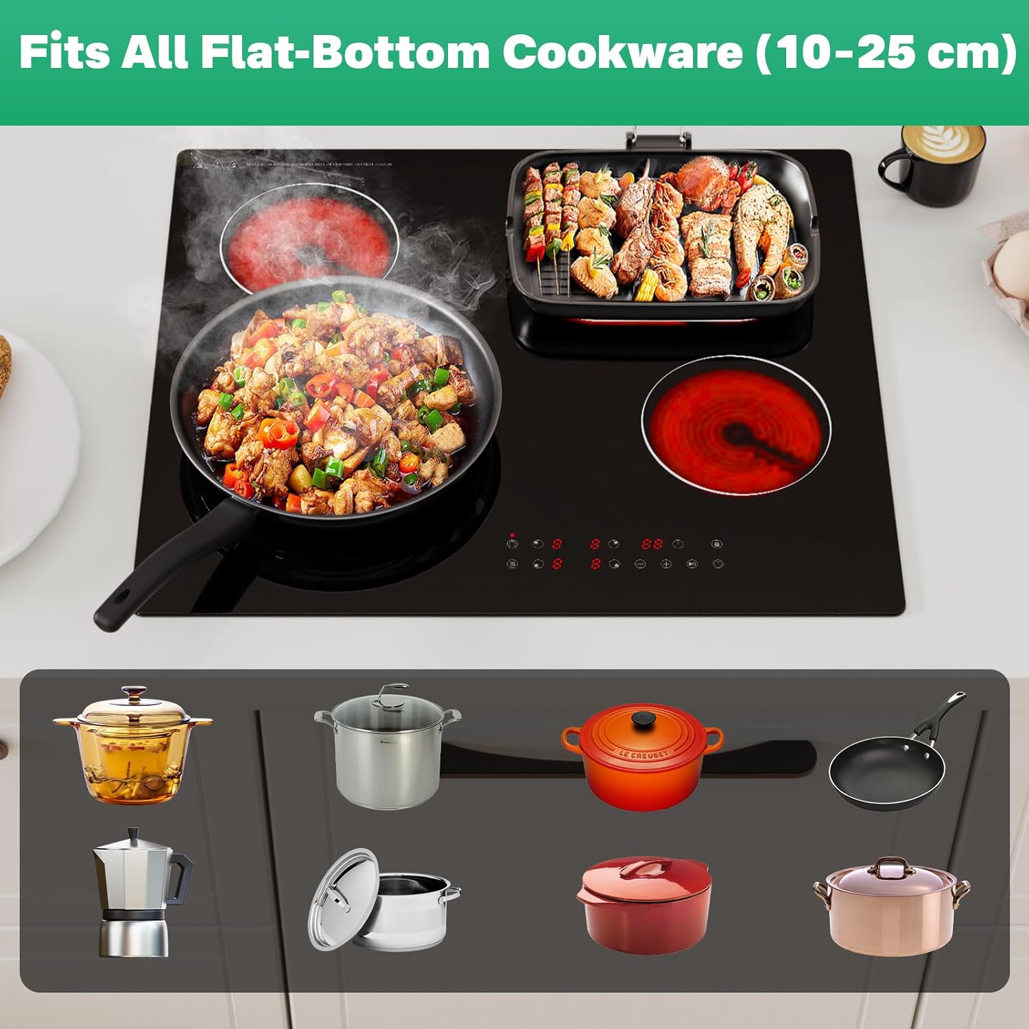 4-Zone Electric Ceramic Hob 6700W, Built-In Touch Control Cooktop, Universal Cookware Compatibility, Black Glass, Timer, Child Lock,Touch Control Electric Ceramic Cooktop - Image 5