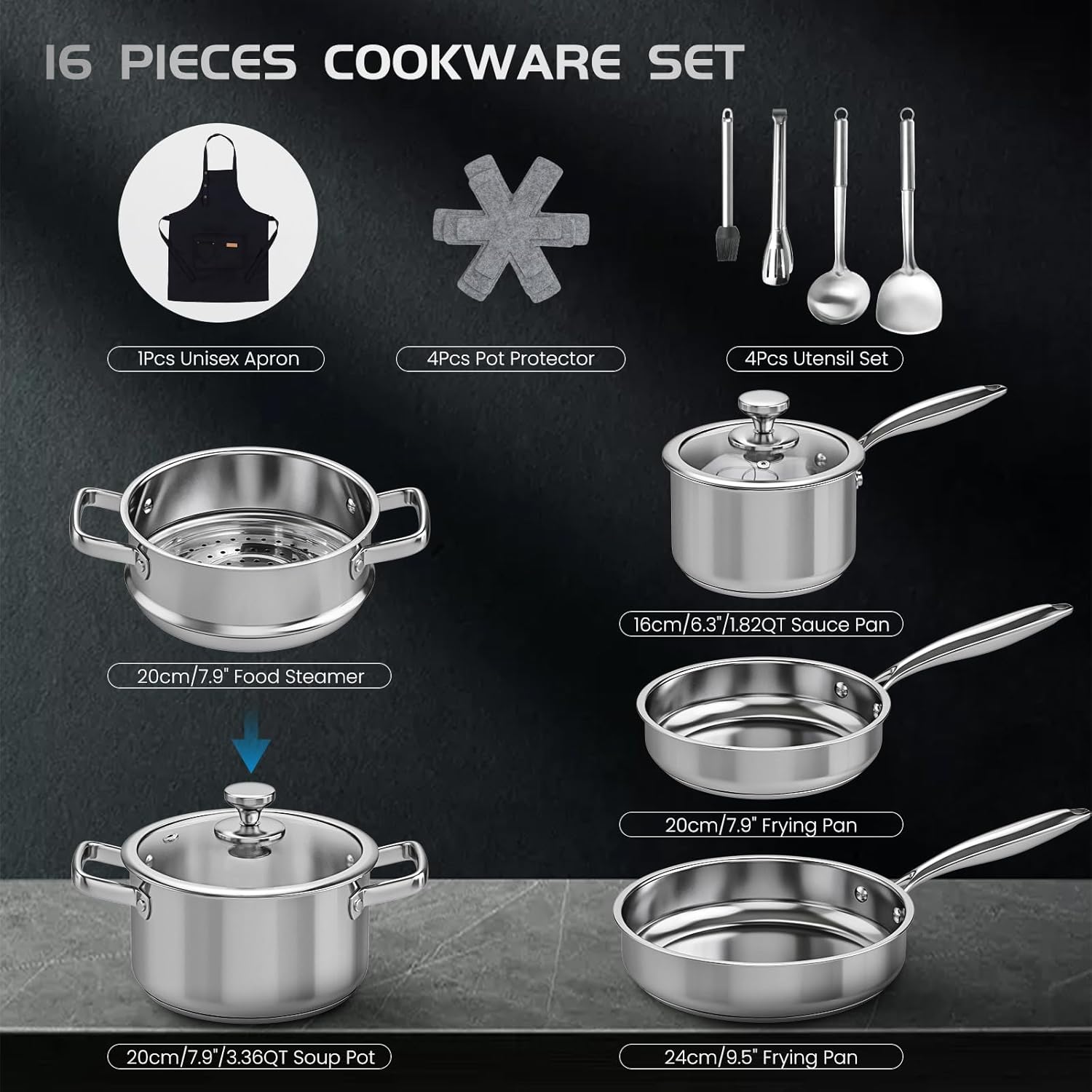 16-Piece Stainless Steel Cookware Set, Induction Compatible Pots and Pans with Steamer & Glass Lids, Stainless Steel Kitchen Utensil Set with Pot Protectors & Apron, Fits All Hob Types - Image 2
