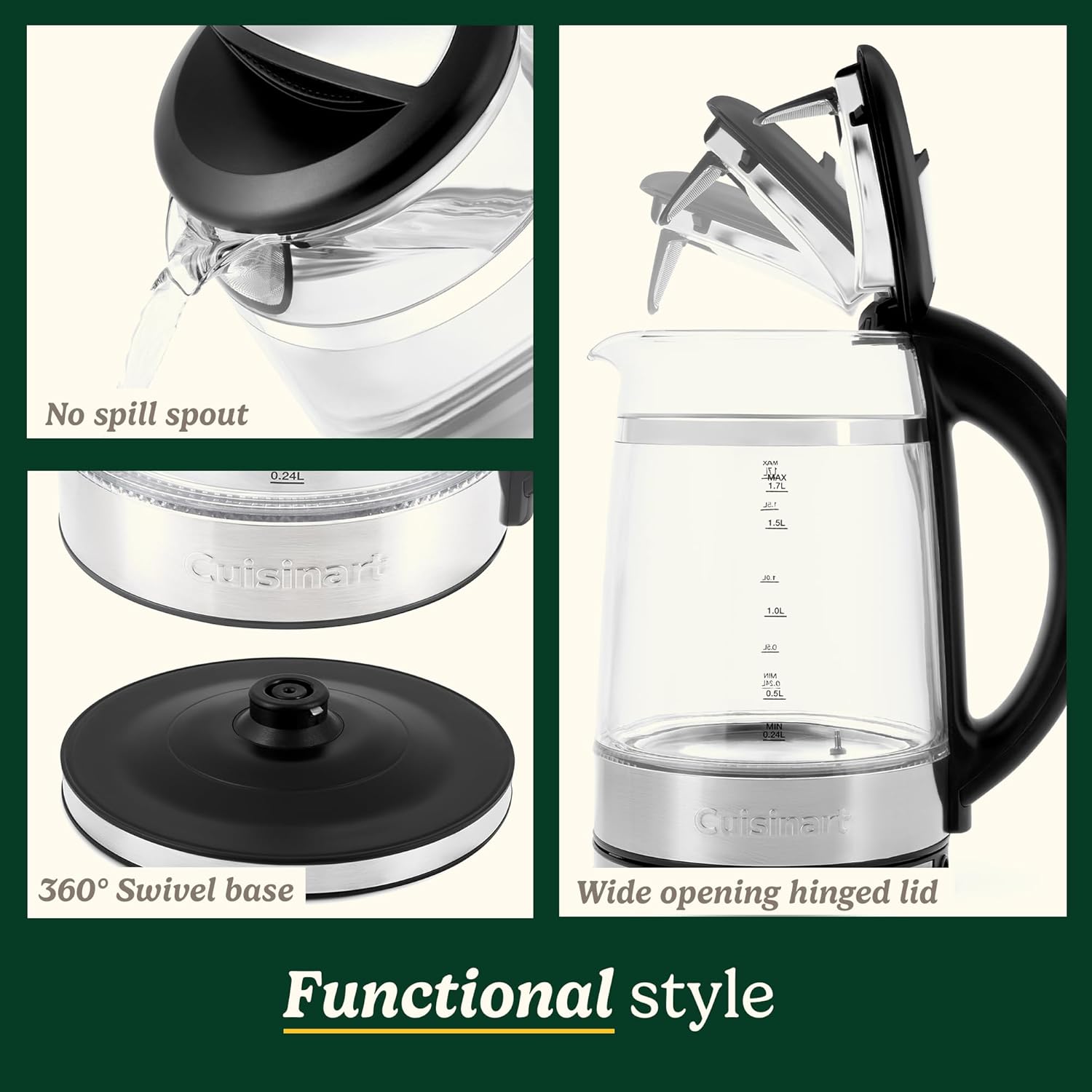 Cuisinart 1.7L Glass Kettle with Touch Screen Variable Temperature Control|Double Walled Glass, Safe to Touch| Illumination|3KW Rapid Boil|BPA-Free|Non-Drip Spout|360° Swivel Base|One-Cup Marking - Image 6