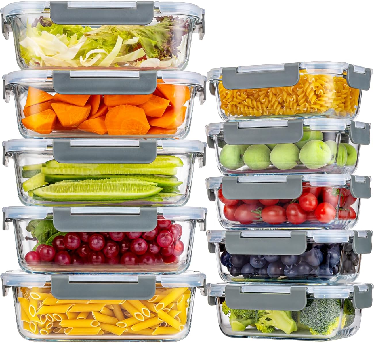KUMD 20-Piece Set (10-Pack) Borosilicate Glass Meal Prep Containers with Upgraded Detachable Locking Lids - 5 Large (1040ml) & 5 Small (370ml) Lunch Boxes, Microwave/Oven/Freezer Safe