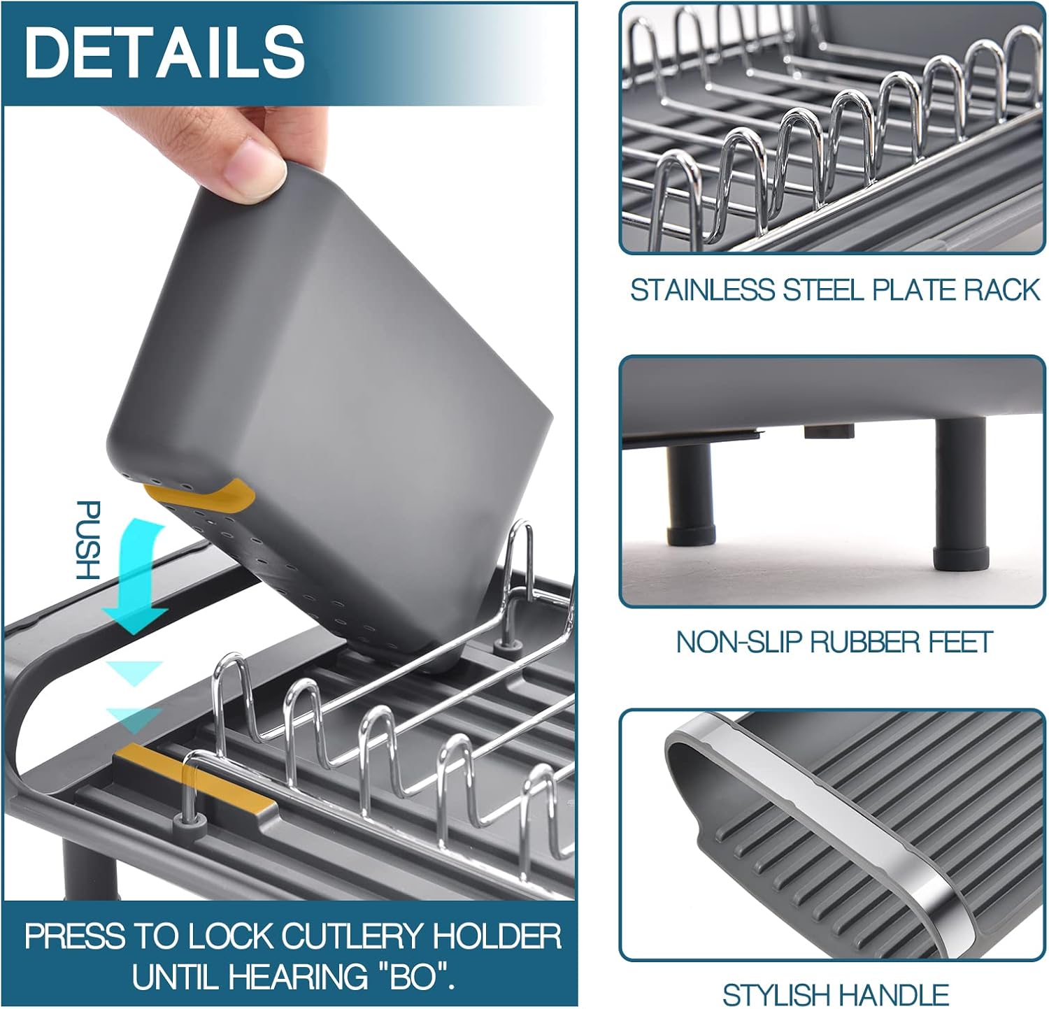Dish Drainer Rack, Small Dish Drainer, Expandable Dish Rack With Removable Cutlery Holder, Anti Rust Small Drying Rack for Sink, Compact Draining Board Rack For Kitchen Counter, Grey - Image 4