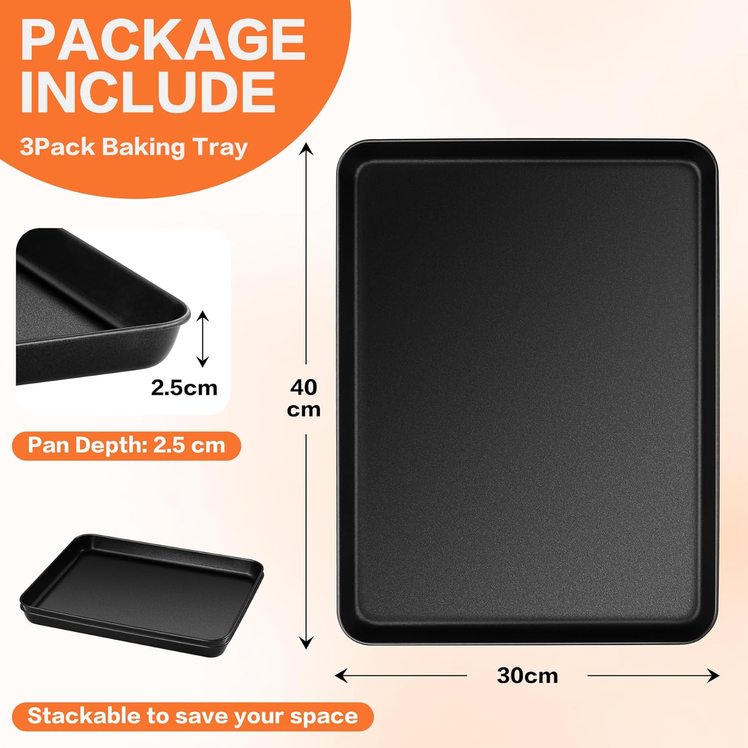 HaWare Baking Tray, Large Nonstick Oven Tray Set of 3, 40 X 30 X 2.5 cm, Carbon Steel Cookie Sheet Pan for Baking/Cooking/Serving, Heavy-Duty & Non Toxic, Rust Resistant & Easy Clean - Black - Image 2