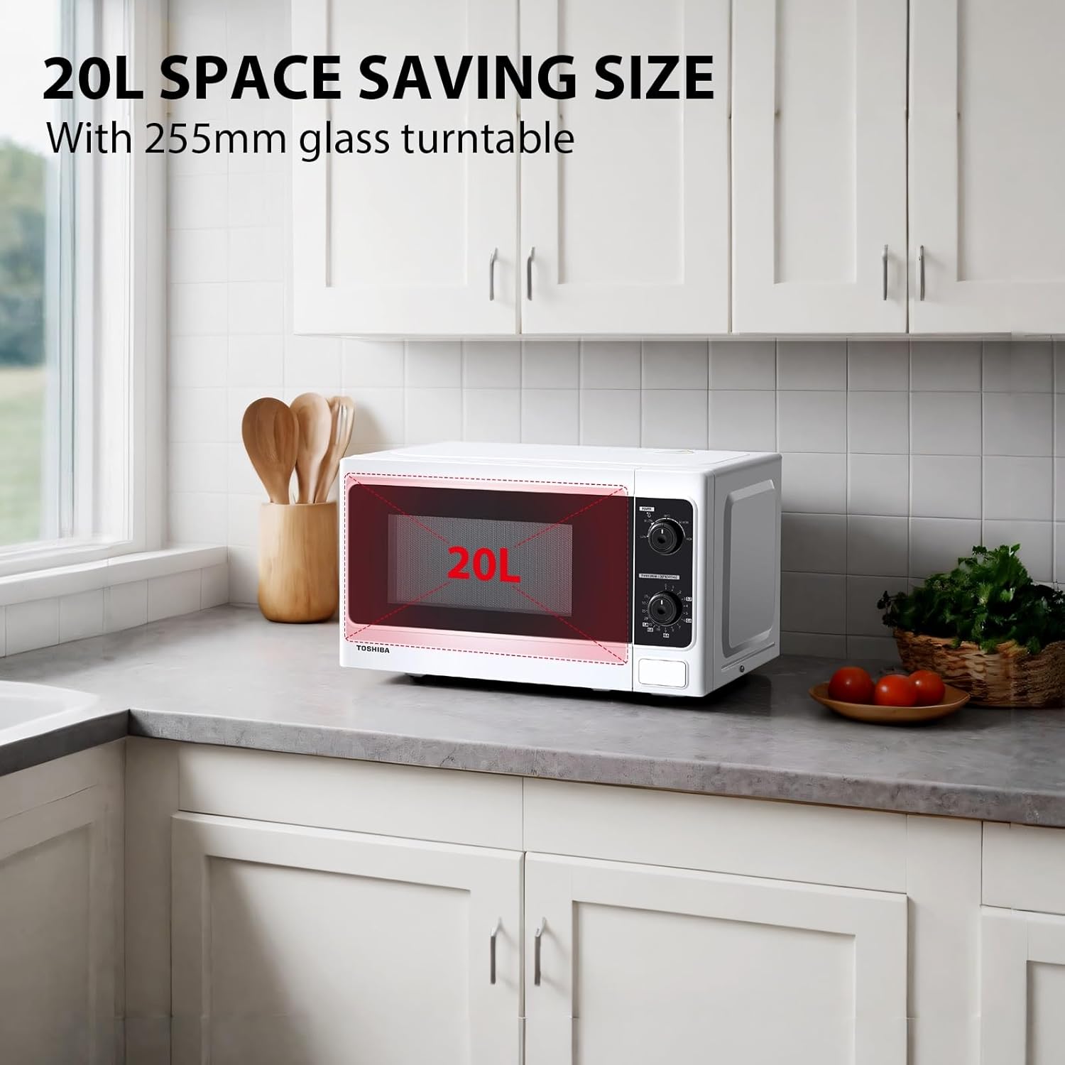 TOSHIBA 20 Liter 800W Manual Control Solo Small Microwave, Compact with 5 Power Levels, Automatic Defrost Function, Perfect for 9'' pizza, Clock and Timer, Easy Clean, White- MM-MM20P(WH) - Image 3
