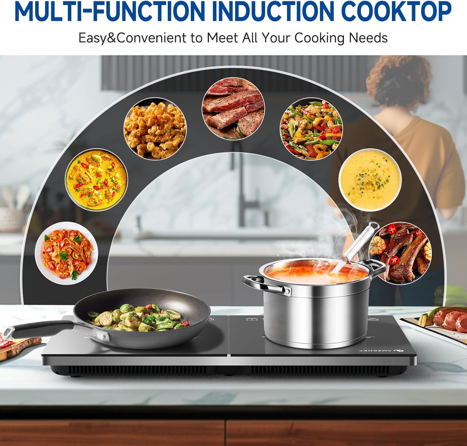 AMZCHEF Double Induction Hob, Portable Induction Cooker with Ultra-Thin Body, Independent Control, 10 Temperature Levels, Multiple Power Levels, 2800W, 3-Hour Timer, Safety Lock - Image 3