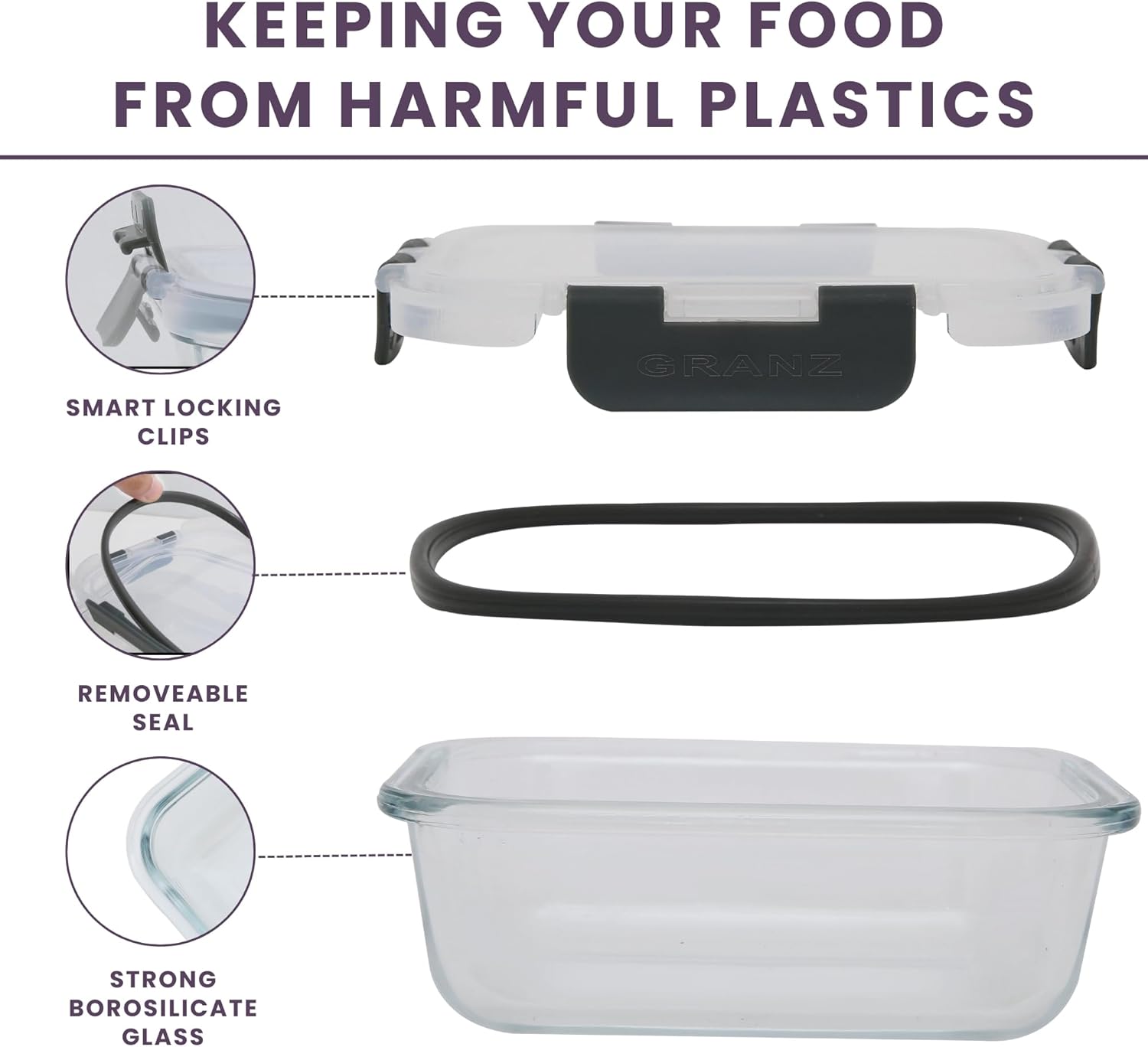 GRANZ Glass Food Storage Containers Pack Of 6 | BPA-Free Food Storage Containers, Airtight Snap Lock lid, Leak Proof Meal Prep Boxes, Stackable, Eco-Friendly, Reusable, Microwave & Dishwasher - Image 6