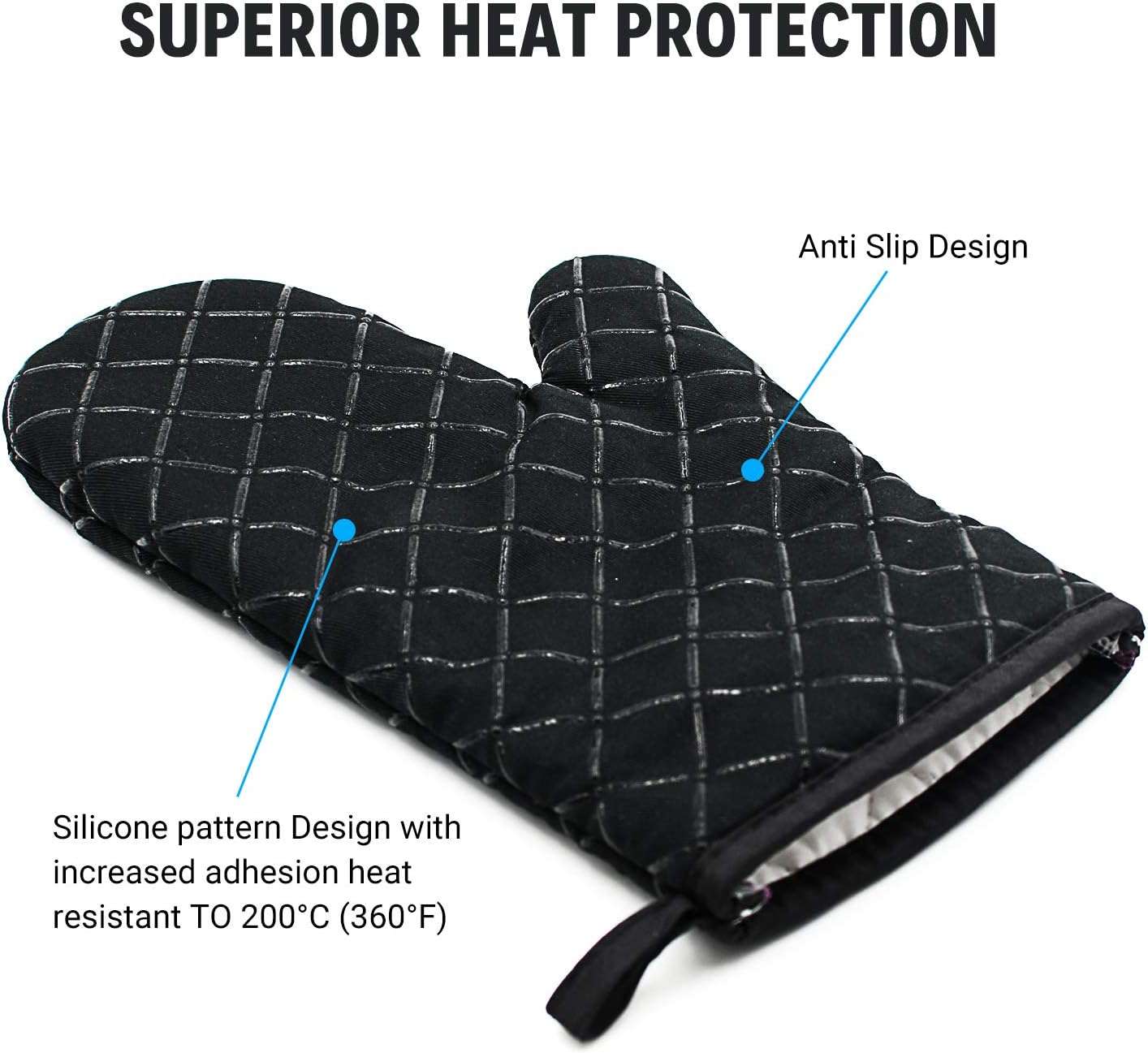 Oven Gloves,Heat Resistant Silicone Oven Gloves Non-Slip Kitchen Oven Mitts for Grilling Cooking Baking Kitchen Microwave Pizza (Black) - Image 4