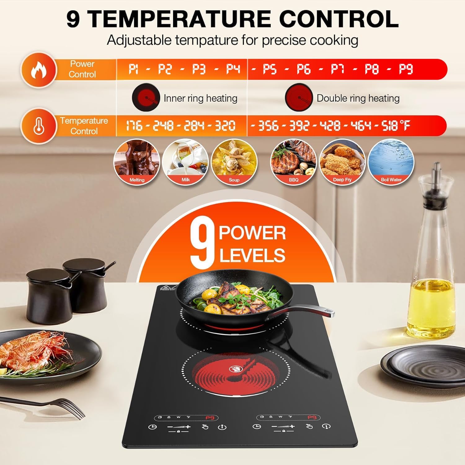 VBGK Double Ceramic Hob 3000W, Plug in 2 Ring Electric Hob with LCD Touch Control, Electric Cooktop with Safety Lock & Timer, 9 Power Levels, Built-in and Countertop 220V-240V - Image 7
