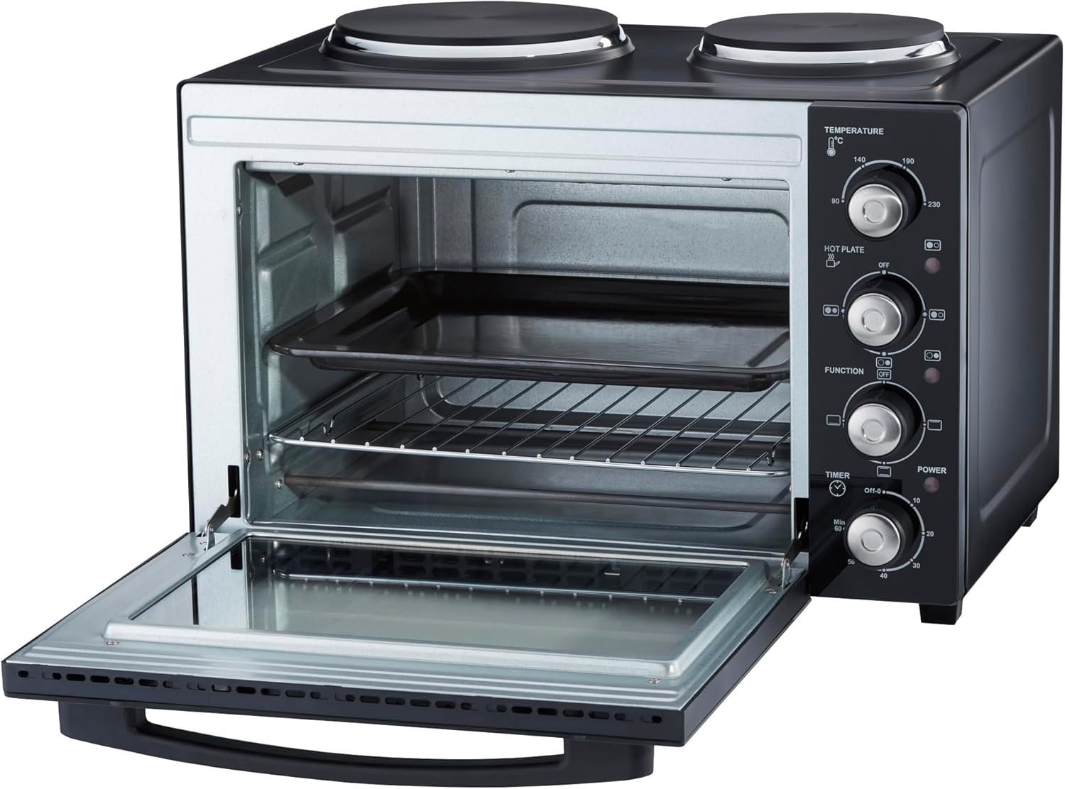 Cooks Professional Mini Portable Oven with Hobs | Energy Efficient Electric Countertop Cooker with Two Hot Plate Hobs & Wire Rack Baking Tray | Kitchen Table Ovens | 34L Capacity | Black and Silver - Image 8
