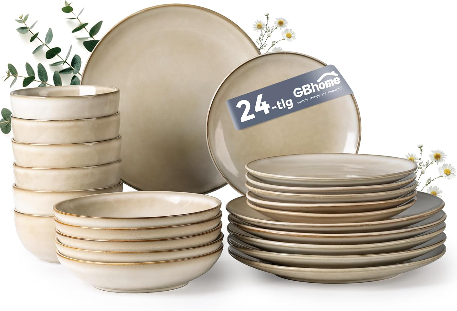 GBHOME Ceramic Dinnerware Sets for 6, 24 Pieces Handpainted Plates and Bowls Set, Scratch Resistant Stoneware Dishes Set, Dishwasher & Microwave Safe, Cappuccino