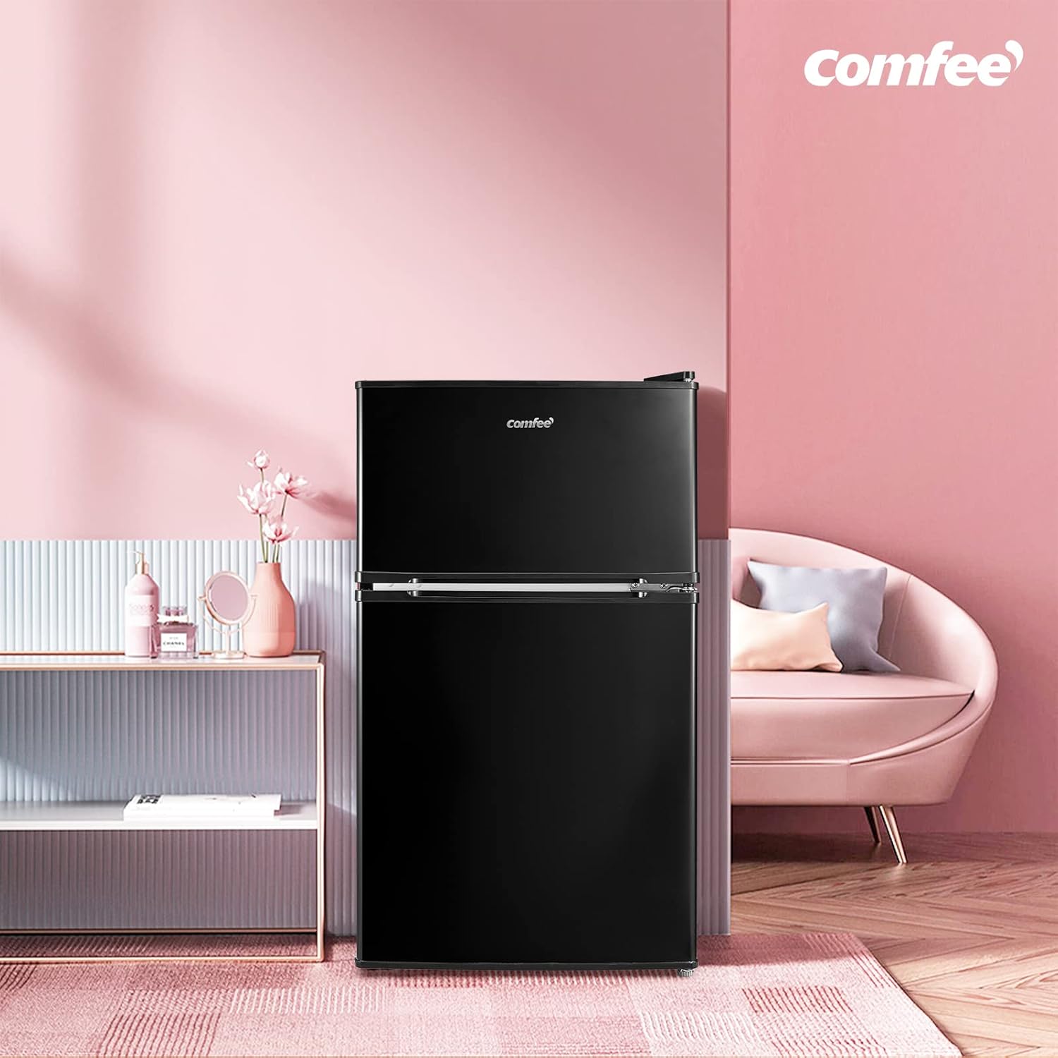 COMFEE' RCT87BL2(E) Under Counter Fridge Freezer, 87L Double Door Small Fridge Freezer with Light, Removable Shelves, Adjustable Thermostats, Reversible Doors Black - Image 6