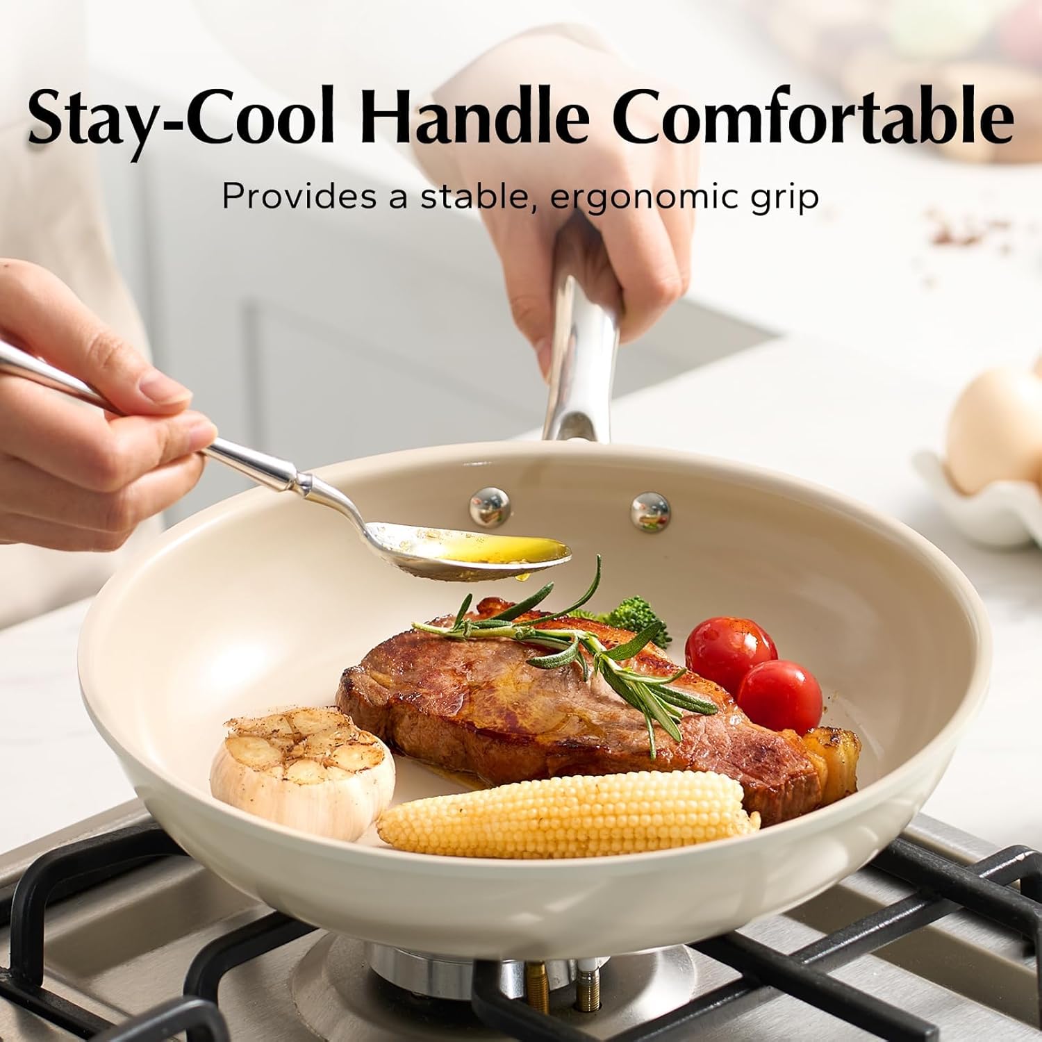Redchef Non Stick Frying Pan Set, Ceramic Pan 20 24 28cm, Skillet Set 8-11" for Cooking with Stainless Stay Cool Handle, No PFAS & PTFE & PFOA, Oven Safe (Beige) - Image 4