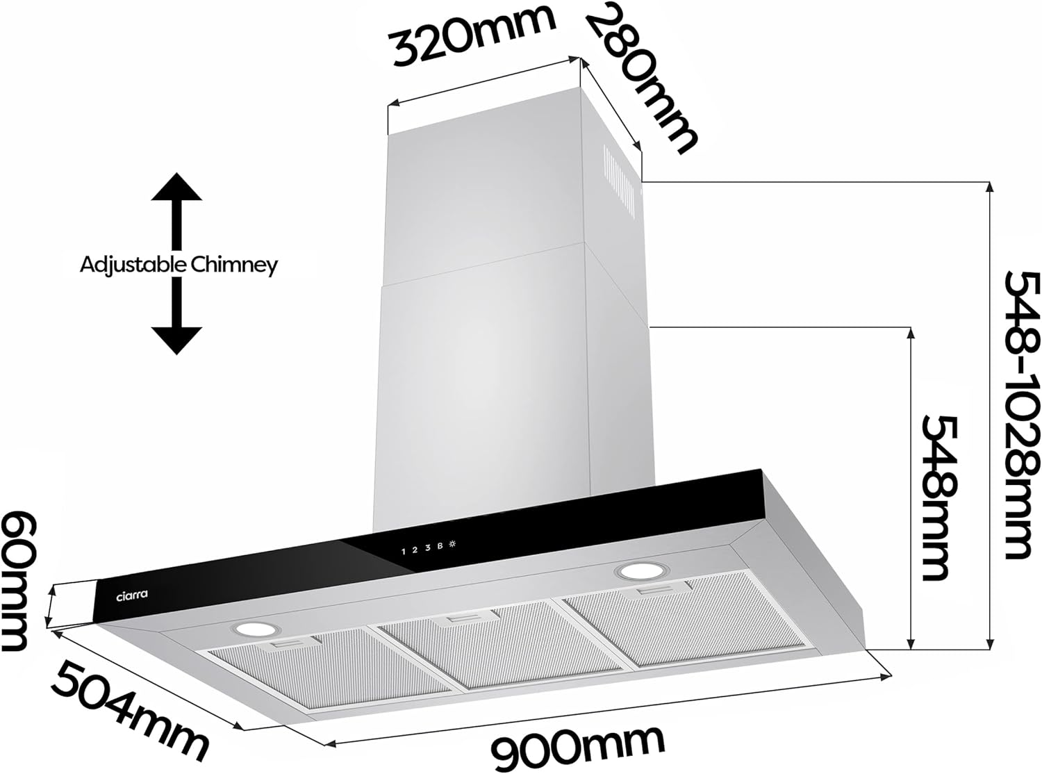 Ciarra CBCS9102 90cm Cooker Hood Wall Mount Chimney Hood Recirculating&Ducting 650 m³/h with 4 Speed WIFI APP Touch Control Kitchen Extractor Fan with CBCF003 Carbon Filters - Image 6