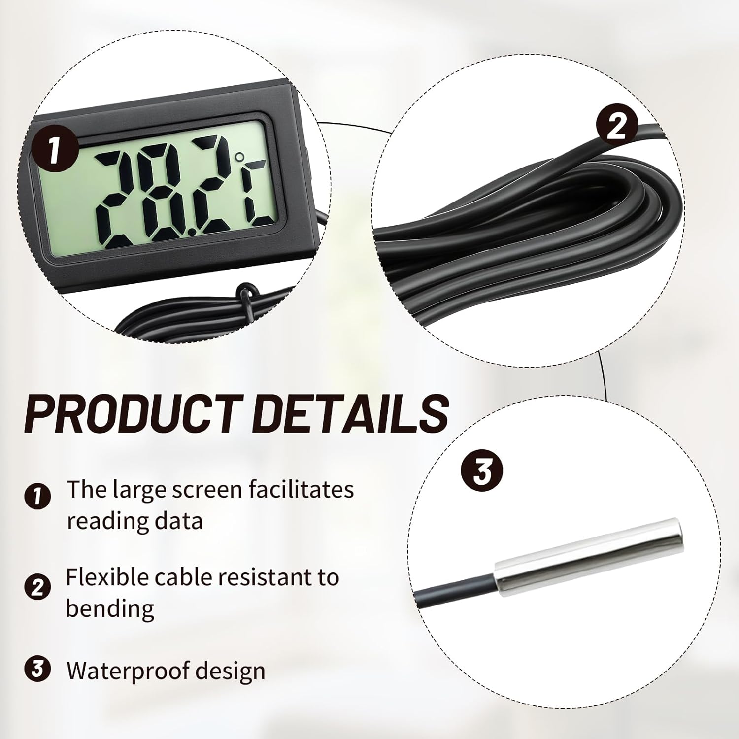 Digital Thermometer with External, 4 Pcs Water Thermometer Digital with LCD Monitor Aquarium Thermometer for Kitchen Home Fridge Freezer Aquarium Refrigerator Cold Storage Black (-50°C To 110°C) - Image 3